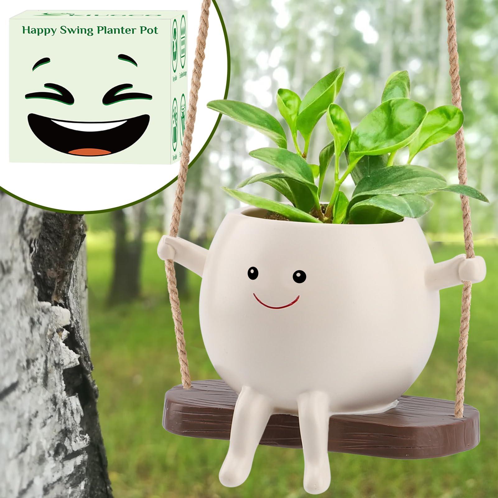 KIUGCO Glossy Swing Smiley Face Planter Pot Head, Small Hanging Planter for Indoor Outdoor Plants, Cute Hanging Flower Pot for String of Pearls Plant Live, Birthday Gifts - Image 7