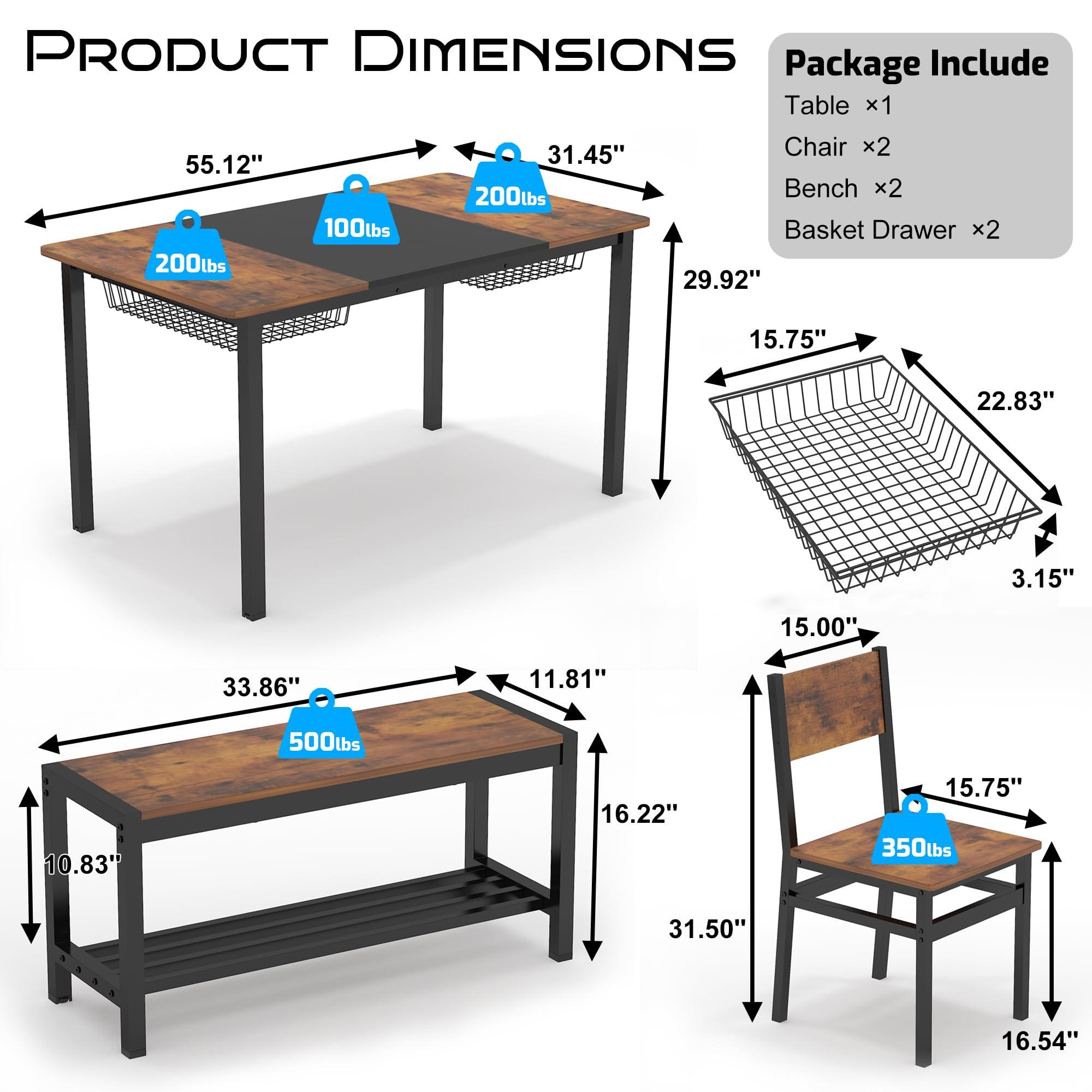NAIYUFA Dining Table Set for 4-6 People,Industrial Dining Table with 2 Benches and 2 Chairs,Kitchen Table Set with Storage Rack for Dining Room,Saving Space,Rustic Brown - Image 2