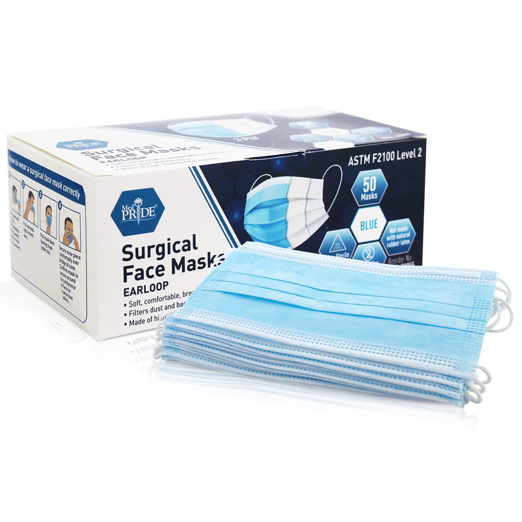 MED PRIDE Blue Medical Masks, Pack of 50 Face Masks, Disposable 3-Ply Earloop Masks, Breathable Non-Woven, Comfortable and Protective for Adults