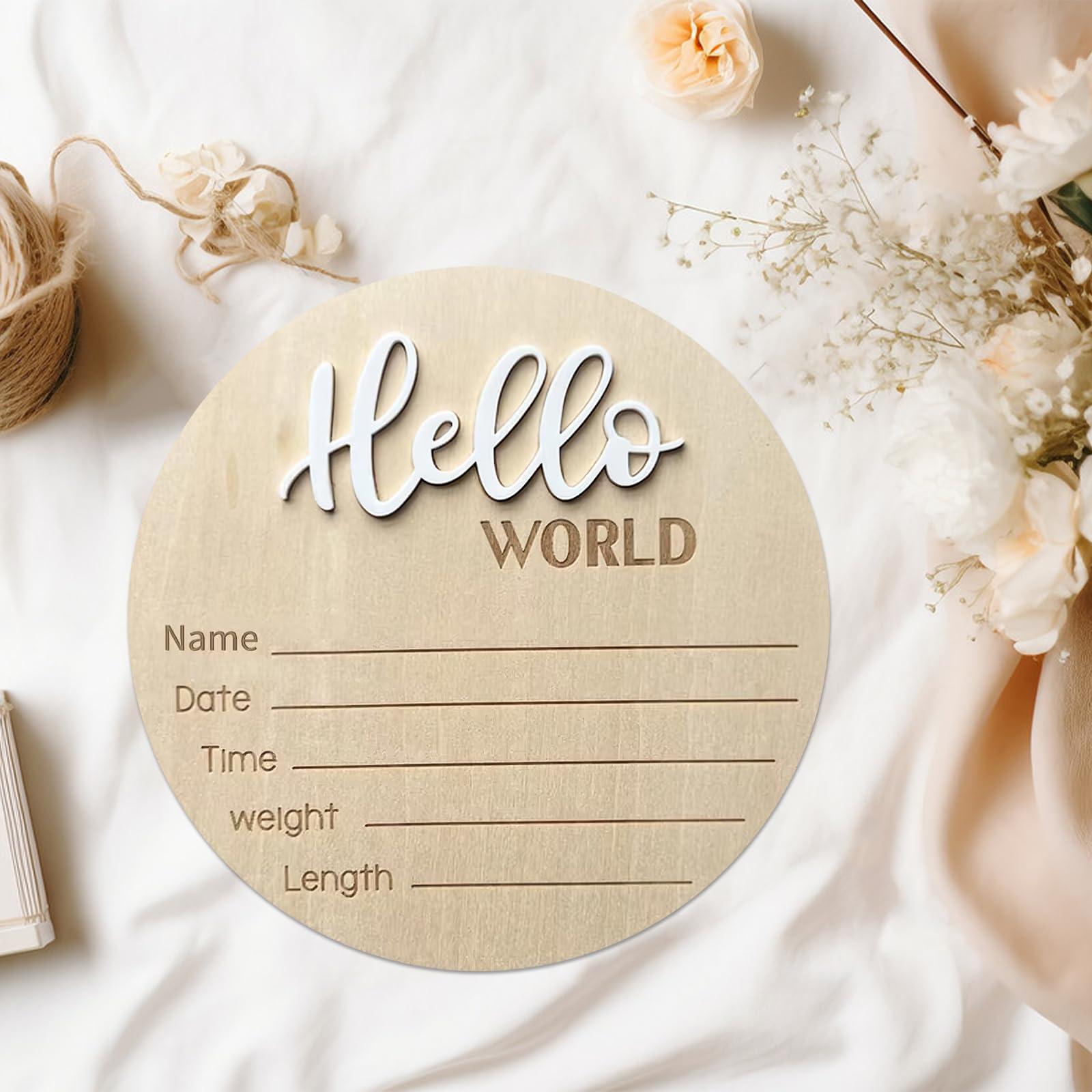 Baby Announcement Sign, ​5.9 Inch Wooden Hello World Newborn Signs, Birth Announcement Sign, Baby Shower Hospital Nursery for Newborn Boys and Girls (White) - Image 2