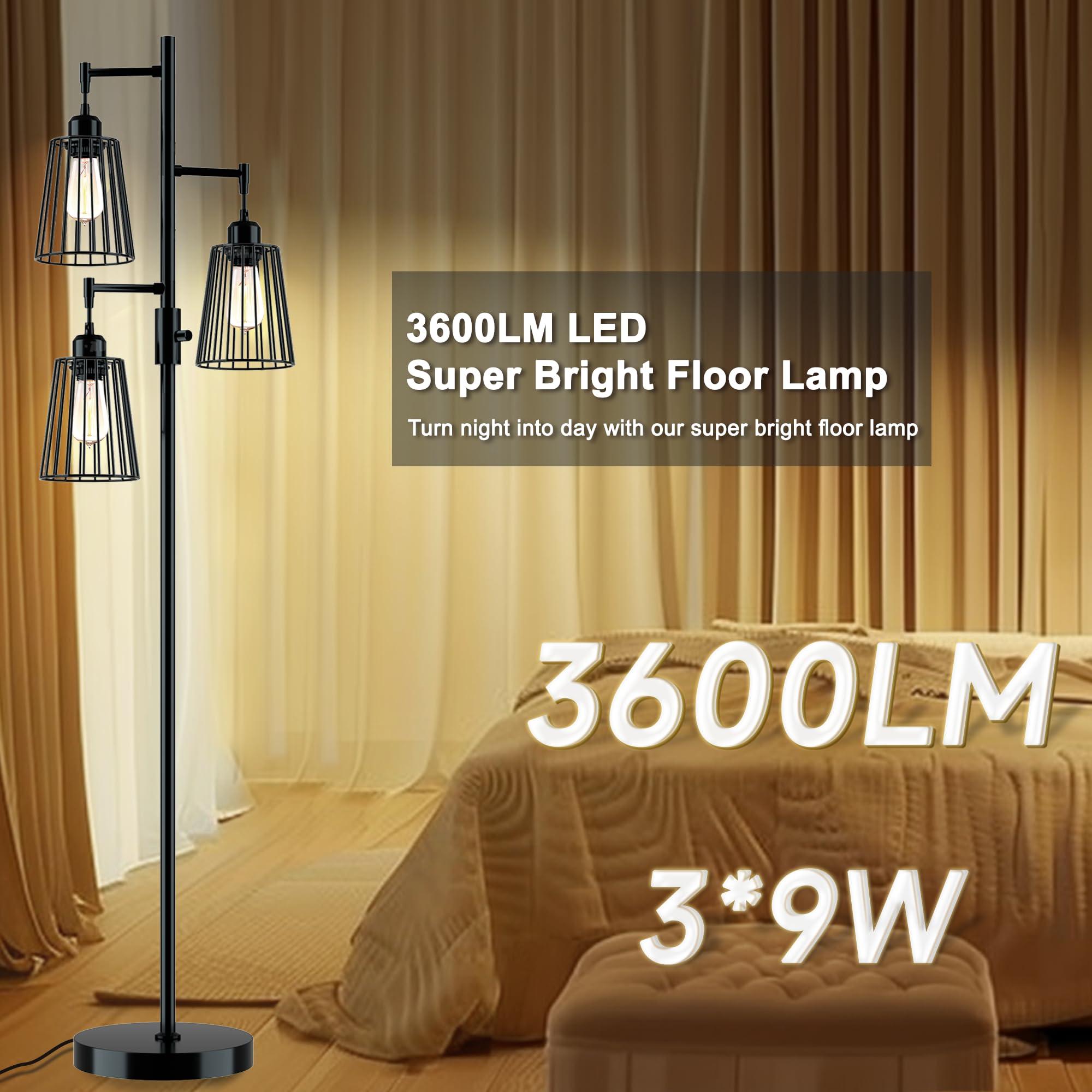 COFF Industrial Floor Lamp, 3 x 1200LM Edison LED Bulbs Included, Bright 3-Light Dimmable Floor Lamp, Farmhouse Tall Standing Lamp for Living Room, Bedroom Office Rustic Home Decor (Matte Black) - Image 3