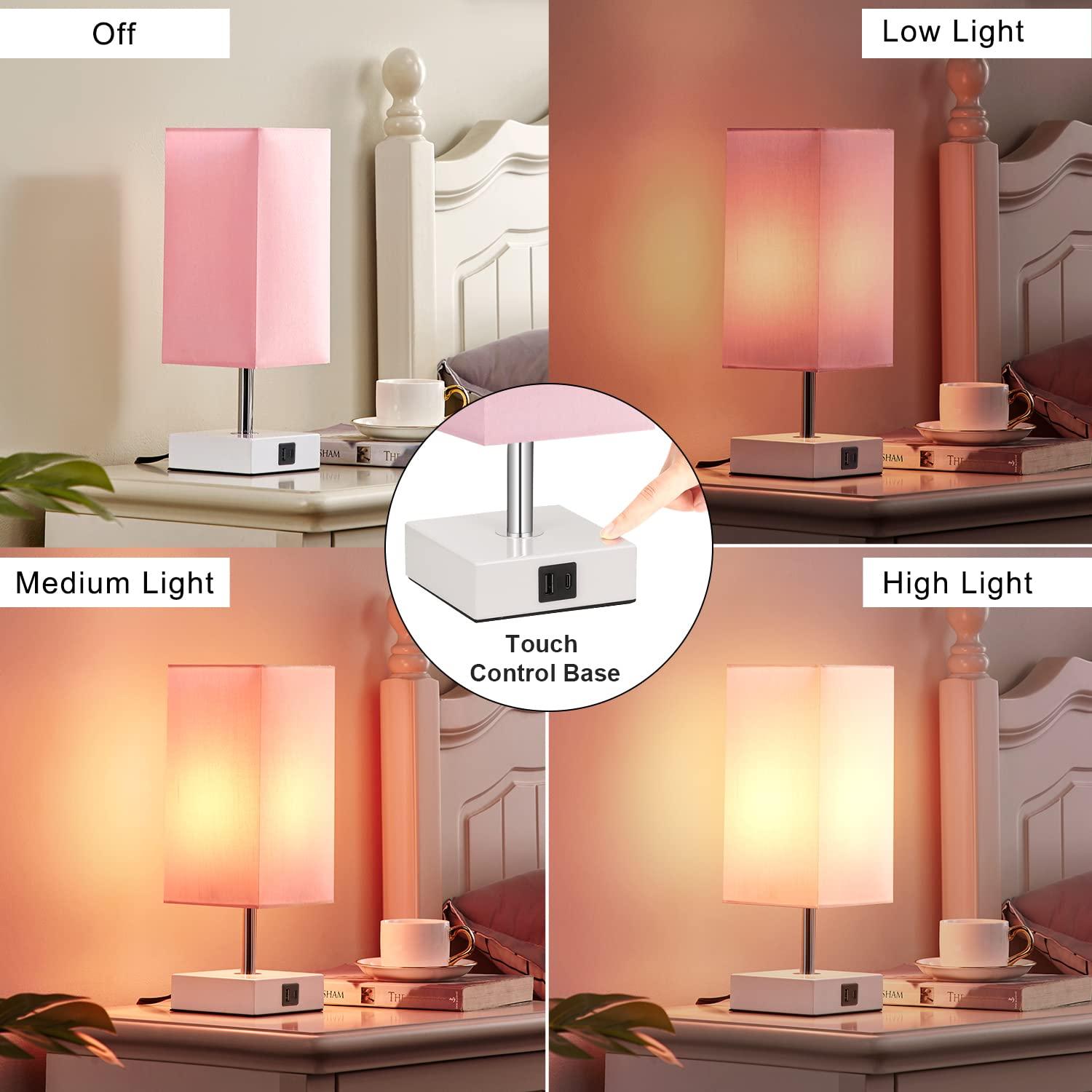 Ambimall Touch Control Table Lamp with 2 USB Charging Ports, 3 Way Touch Lamps Beside Desk, Nightstand Lamp for Bedrooms Living Room, Pink Shade with White Base, LED Bulb Included(Pink) - Image 4