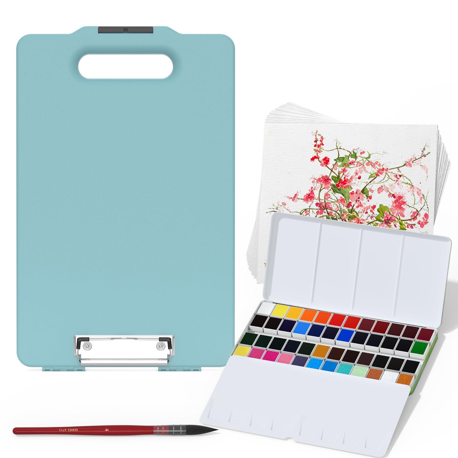 MeiLiang Travel Watercolor Paint Set, Watercolor Set Includes 48 Colors Solid Watercolors + 7.5x7.5 inch 50% Cotton Watercolor Paper(20 Sheets) + 1 Watercolor Brush + Green Handheld Organizer