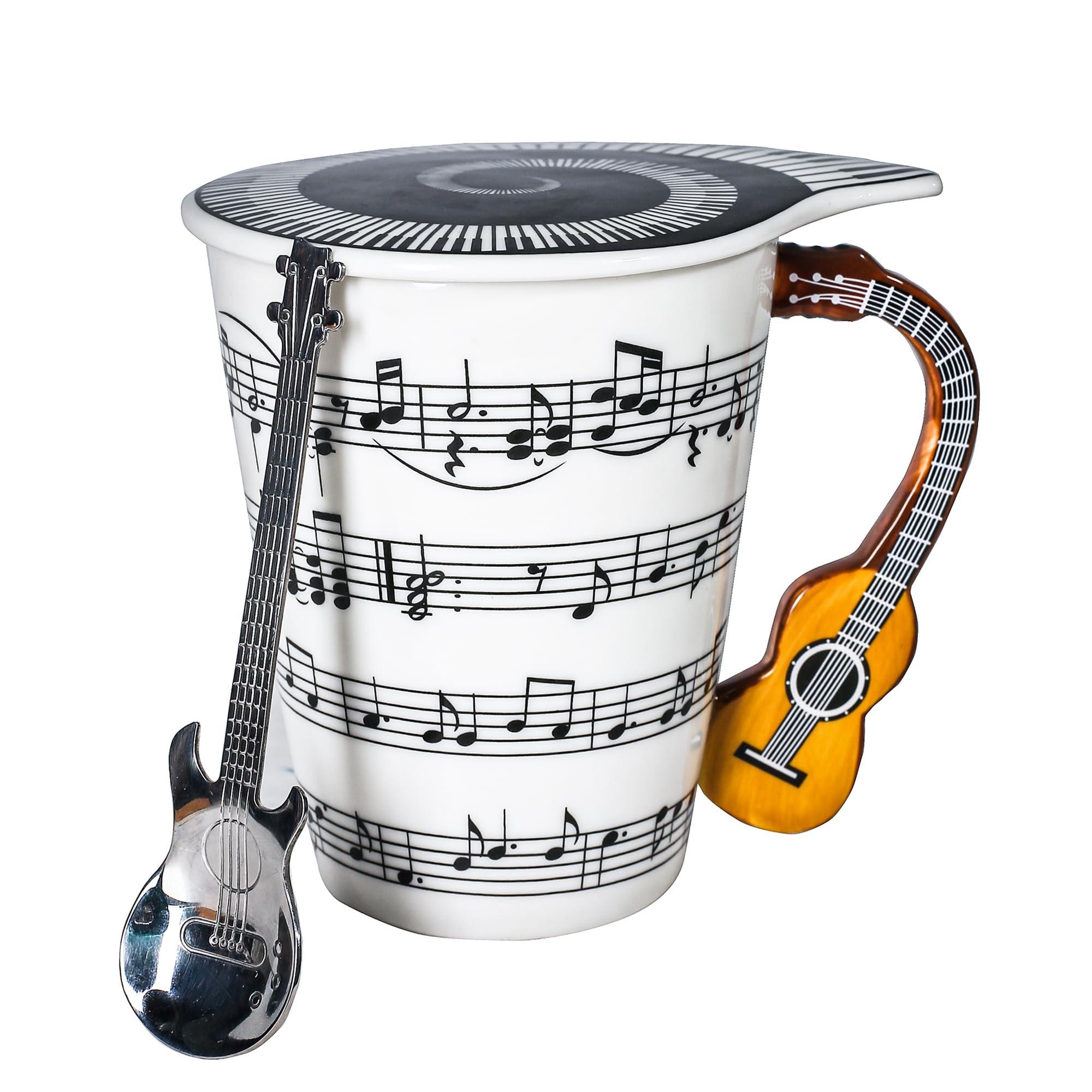 Guitar Novelty Mug Unique Musical Gift Coffee Cup with Cool Music Themed Lid & Guitar Handle Design & Guitar Spoon, Great Gifts for Music Teachers,&guitarLoversfor Holidays,Fathers Day,Men,Woman