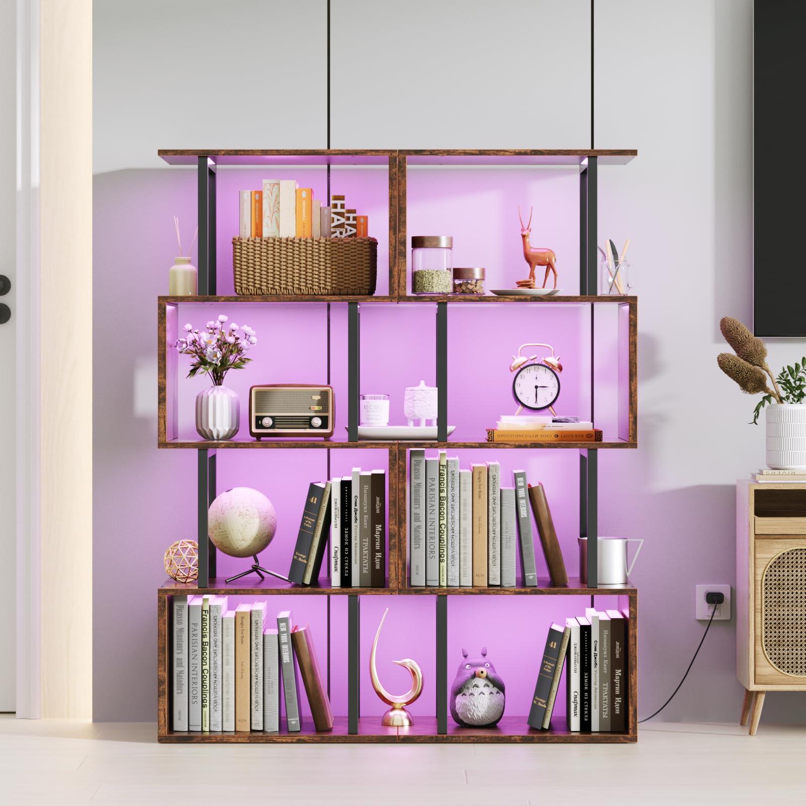 Furologee 5 Tier Geometric Bookshelf with LED Light, Small S-Shaped Bookcase, Industrial Display Standing Shelf, Metal Wooden Decorative Storage Shelves for Bedroom, Living Room, Office, Rustic Brown - Image 2
