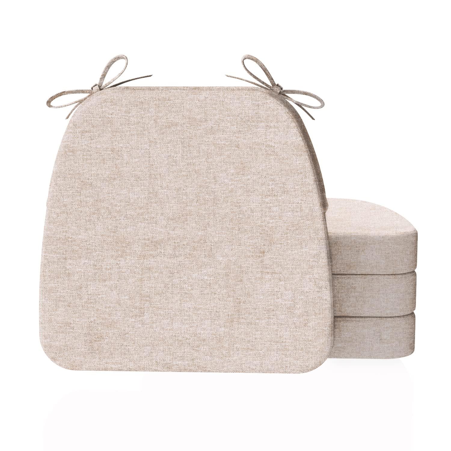 AAAAAcessories D-Shaped Chair Cushions, 2" Thick Dining Chair Pads with Ties and Removable, Machine-Washable Cover, 17" x 16", Set of 4, Beige