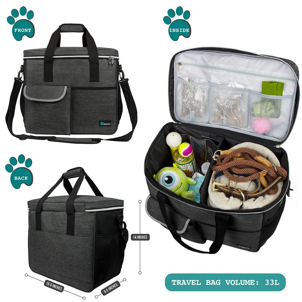 PetAmi Dog Travel Bag - Organizer with Food Container and Bowls, Supplies for Weekend Camping, Cat Diaper Bag (Charcoal, Large) - Image 2