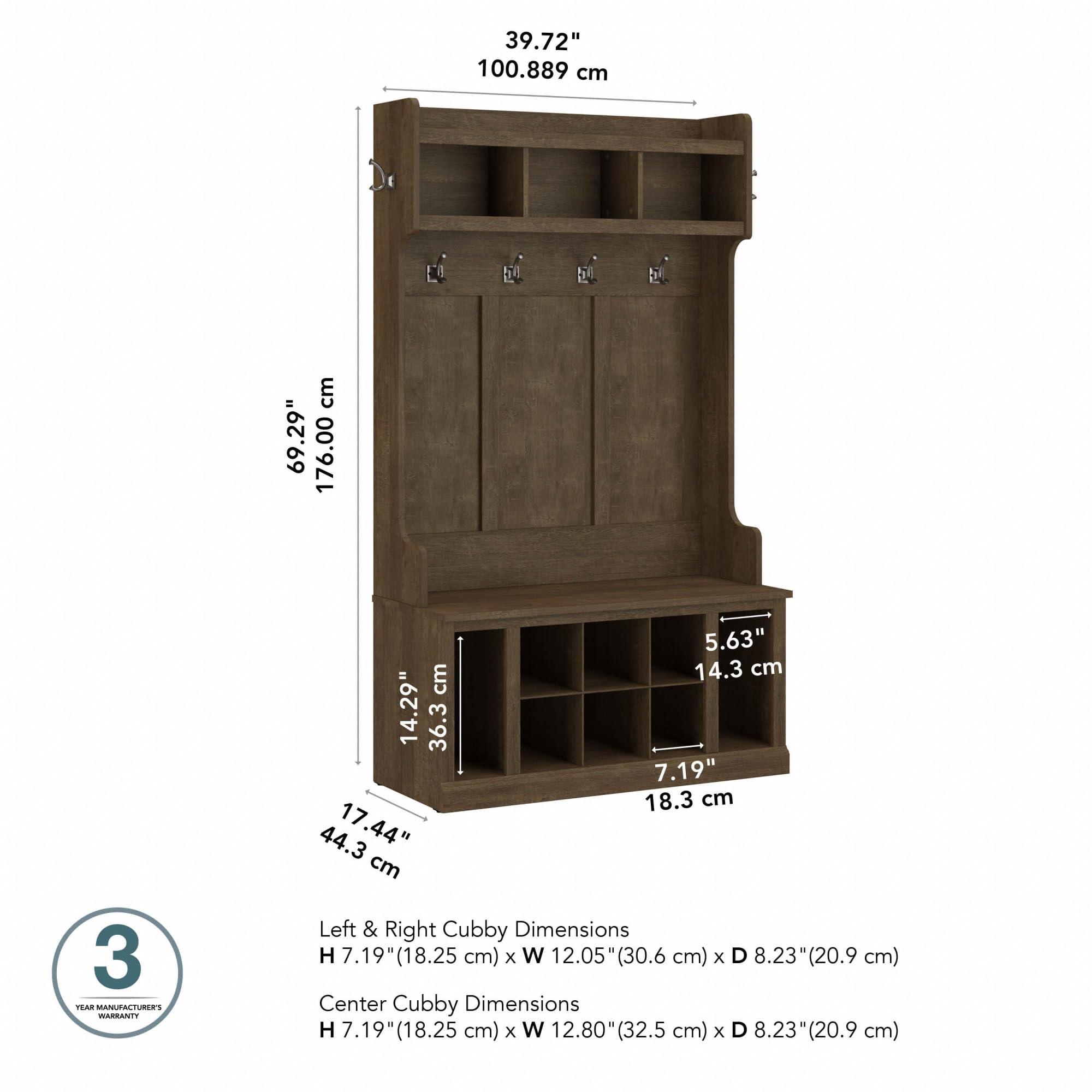 Bush Furniture Woodland 40W Hall Tree and Shoe Storage Bench with Shelves in Ash Brown, Cubbies and Coat Hooks for Foyer, Mudroom, or Entryway - Image 3