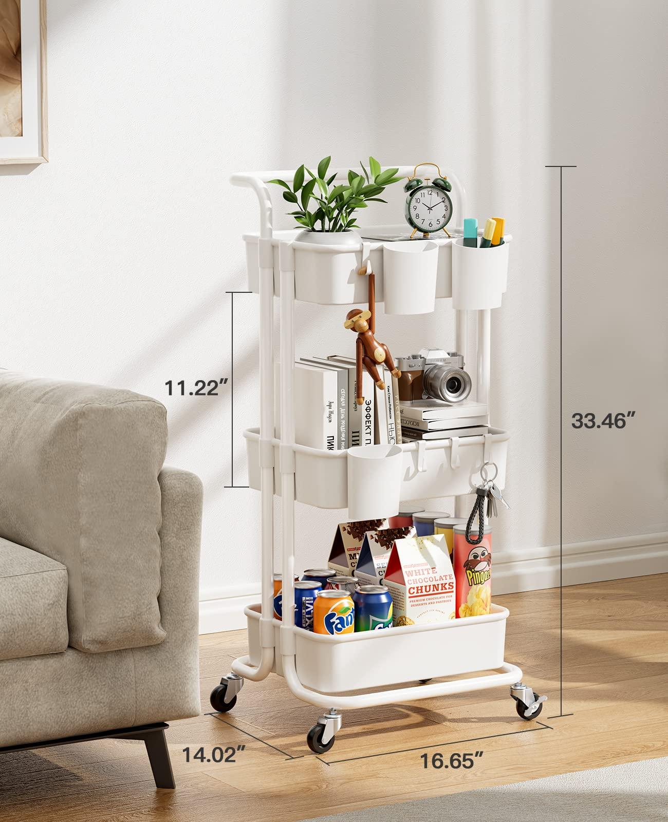 Pipishell 3-Tier Rolling Cart with Wheels - Rolling Storage Cart with Hanging Cups & Hooks - Mobile Utility Cart for Office, Kitchen, Craft Room - Art & Craft Organizer, White, PIUC06W - Image 3