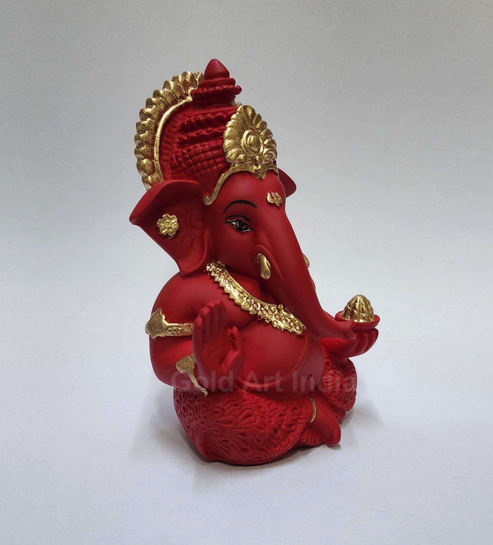 Gold Art India Mukut Ganesha Idol for Car Dashboard Maroon Red and Gold Small Ganesha Murti Ganpati Idol for Home Decor Puja Lord Ganesh Statue Gift for Office Desk Puja Room Figurine - Image 4