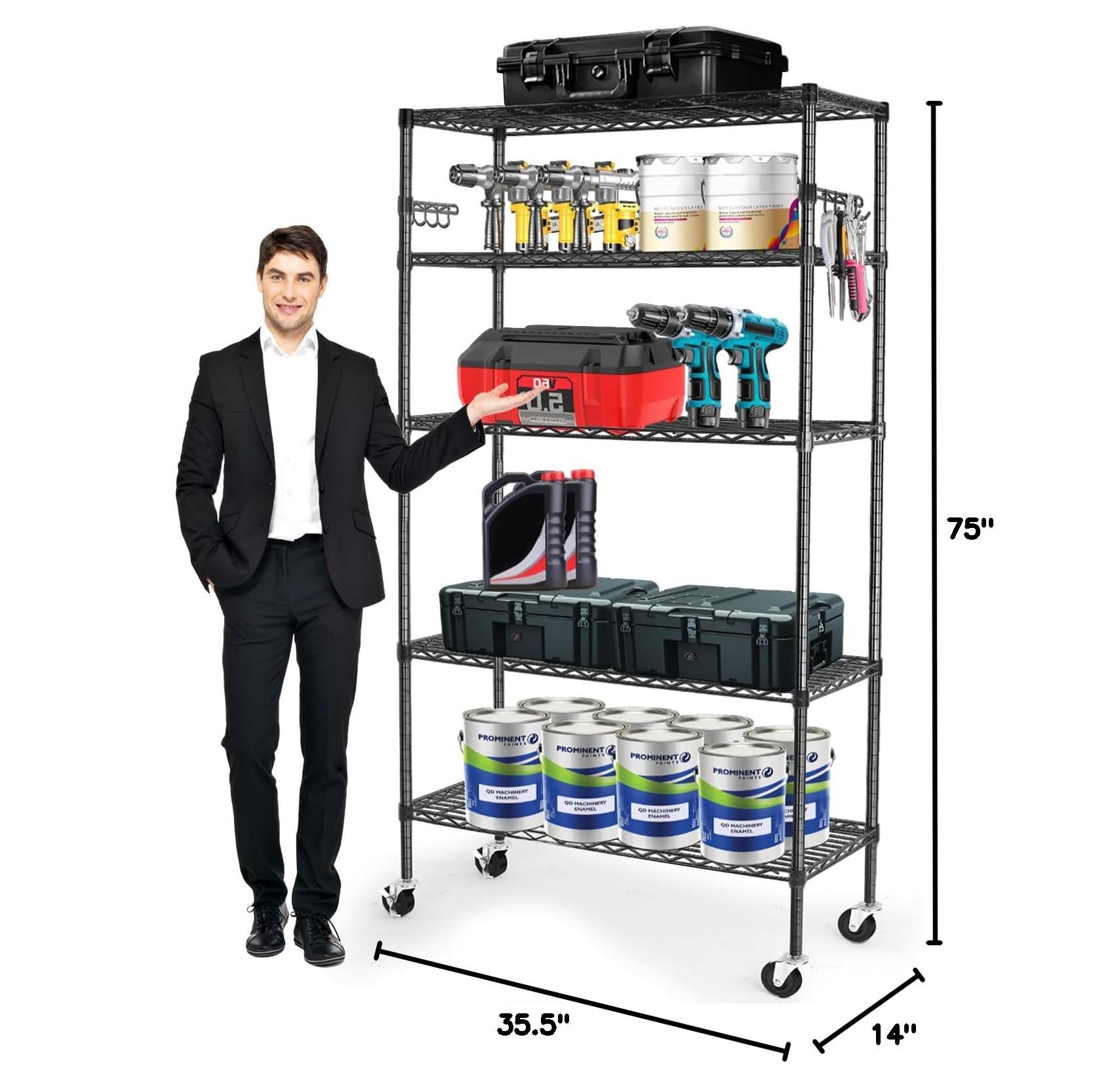 YNN Storage Shelves,1750Lbs 5 Tier Heavy Duty Metal Rolling Shelving Unit with Wheels & 8 Hooks, Adjustable Garage Wire Rack for Kitchen, Bathroom,Industrial,Pantry(36" W x 14" D x 72" H,Black) - Image 3