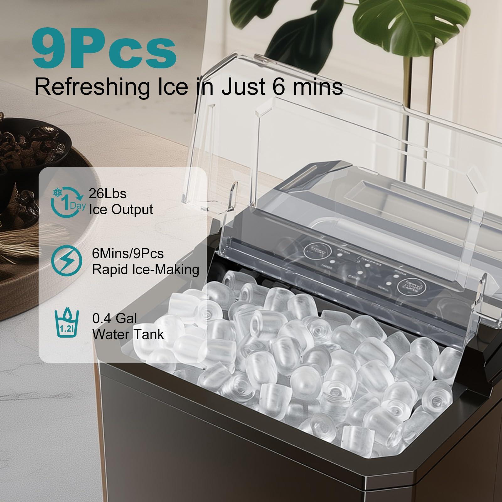 OLIXIS Ice Maker, Ice Makers Countertop with Handle, Portable Ice Machine, 9 Bullet Ice Cubes in 6 Mins, 26lbs in 24Hrs, Auto-Cleaning, with Basket and Scoop, for Home, Kitchen, RV, Camping, Black - Image 3