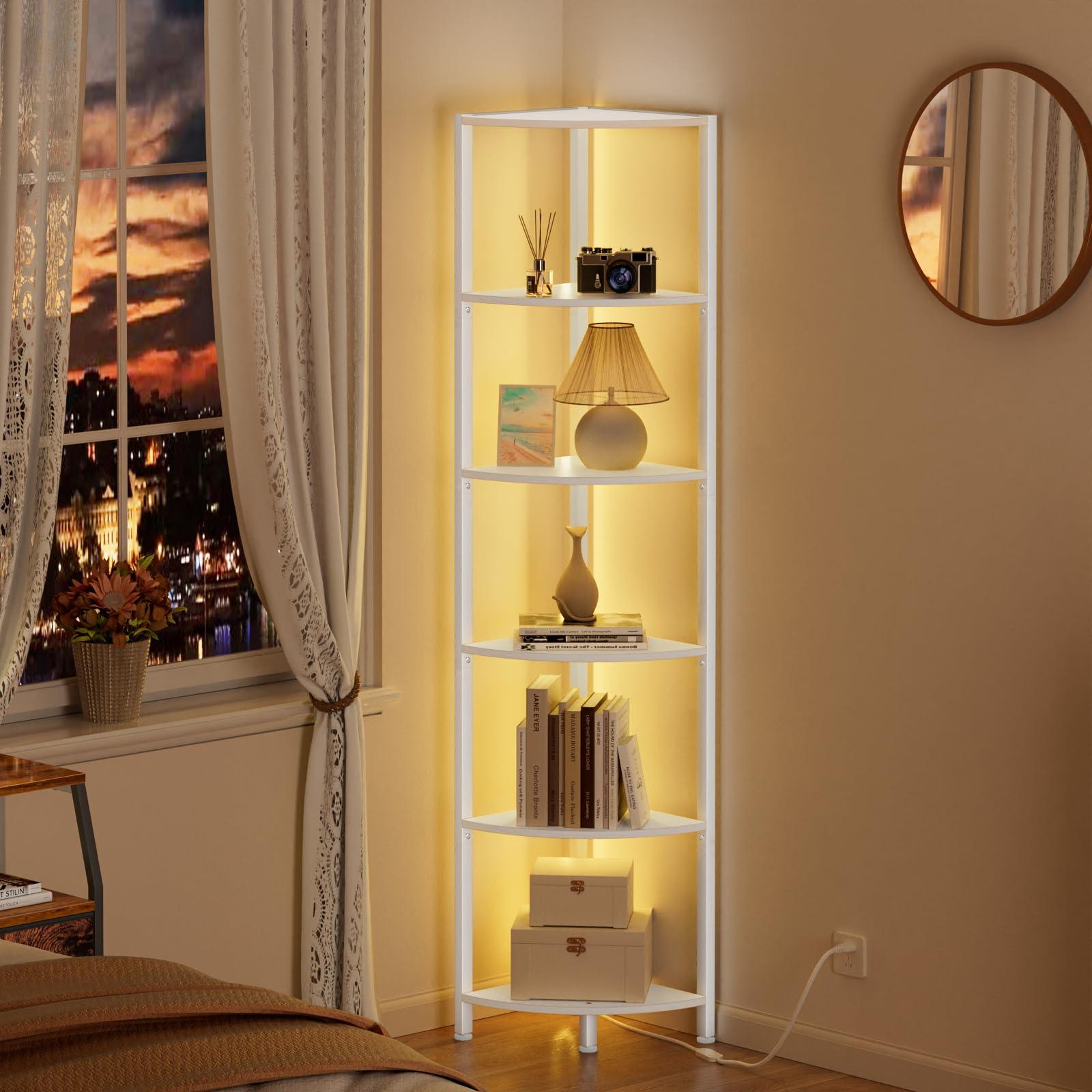 Furnulem 6 Tier Corner Shelf with LED Light, 67.5” Tall Standing Shelf Organizer, White Narrow Bookshelf with Storage Rack for Wall Corner, Living Room, Bedroom, Metal Frame, Wood Display Shelf - Image 3