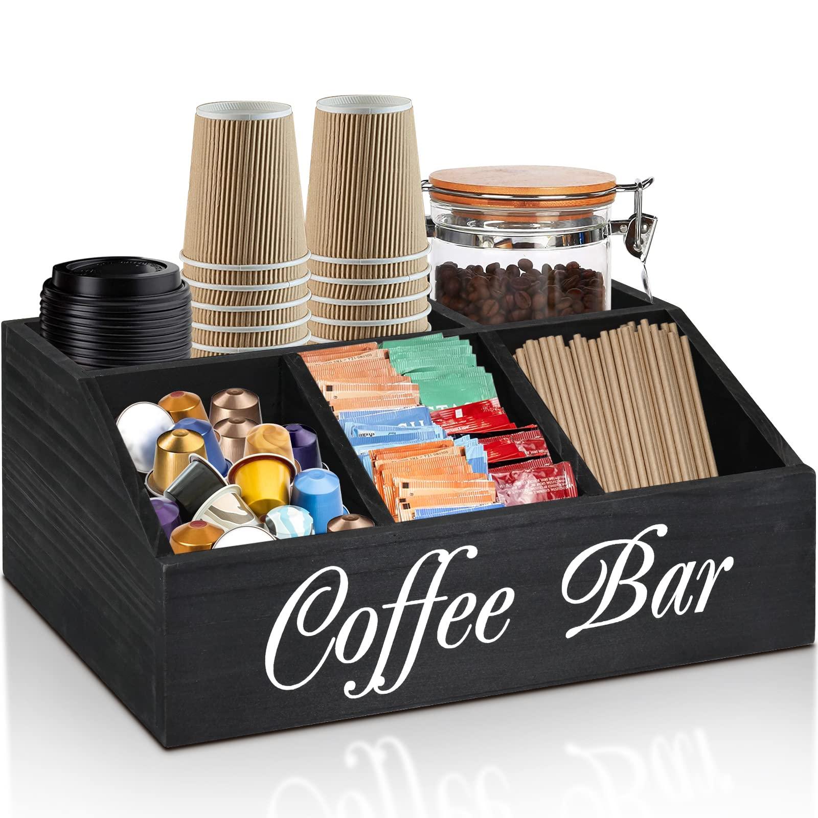 ugiftt Coffee Station Organizer for Counter, Wood Pods Holder Storage Basket, Tea Condiment Storage Organizer, Coffee Bar Decor for Accessories Organizer