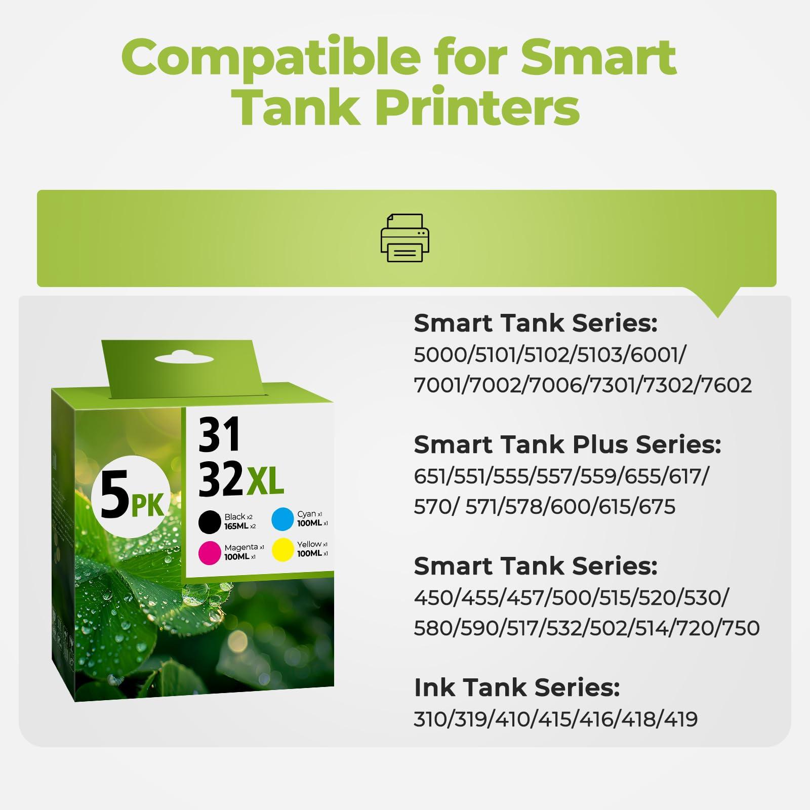 31 32XL Ink Bottle Set, Smart Tank 7602 5101 6001 651 Ink Refill Compatible with HP 31 Ink 32XL Black Ink Bottle Set for Smart Tank 5101 7602 5000 651 5103 6001 7301 7001 7302 5102 7002 7006 Printers - Image 2