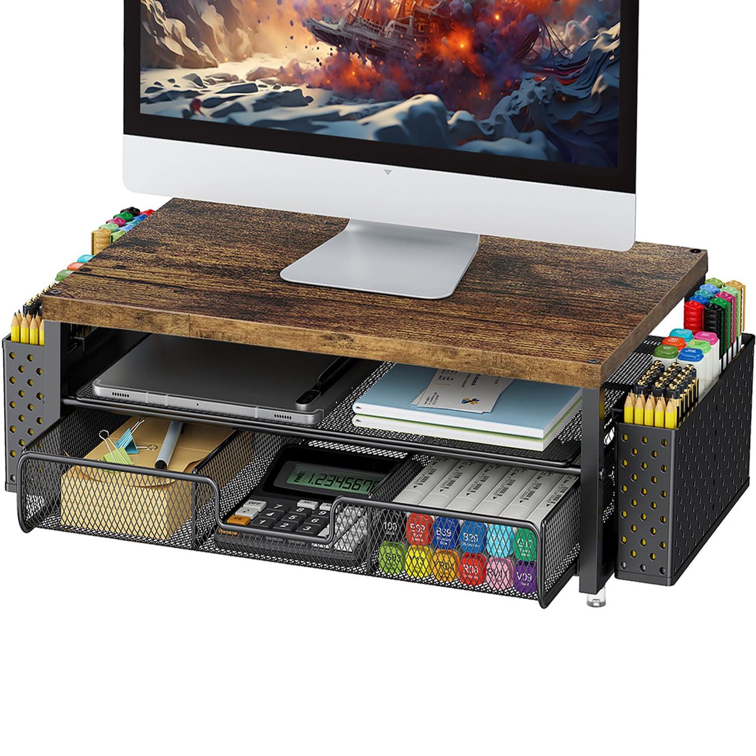 gianotter Monitor Stand Riser, Office Desk Shelf Organizer, Desk Organizer with Drawer and Pen Holder, 2-Tier Computer Stand, Office Organization (Wood)
