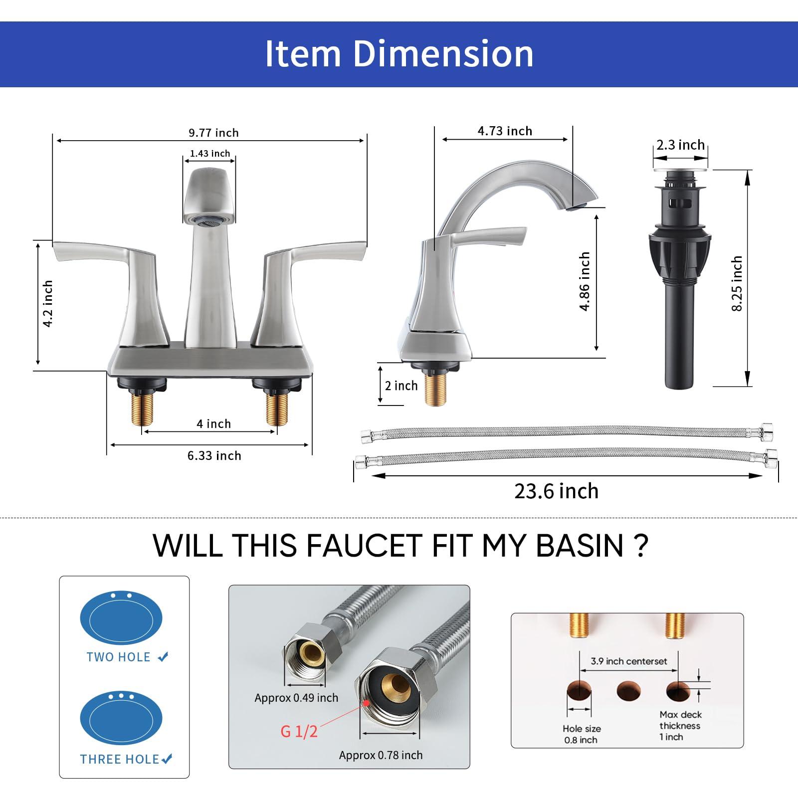 VXV Bathroom Faucet Brushed Nickel, 2 Handles Low Arc Bathroom Sink Faucets, 4 Inch Centerset Bath Lavatory Faucets with Pop-up Drain & Faucet Supply Lines (BN) - Image 2