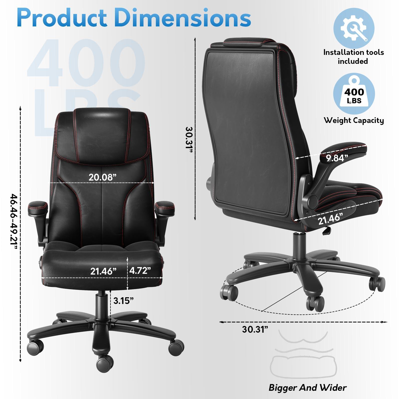 lavimiya Office Chair Big and Tall 400lbs, High Back Executive Office Chair Flip Up Arms, Breathable Leather Home Office Computer Desk Chair with Lumbar Support Rocking Function, Black - Image 2
