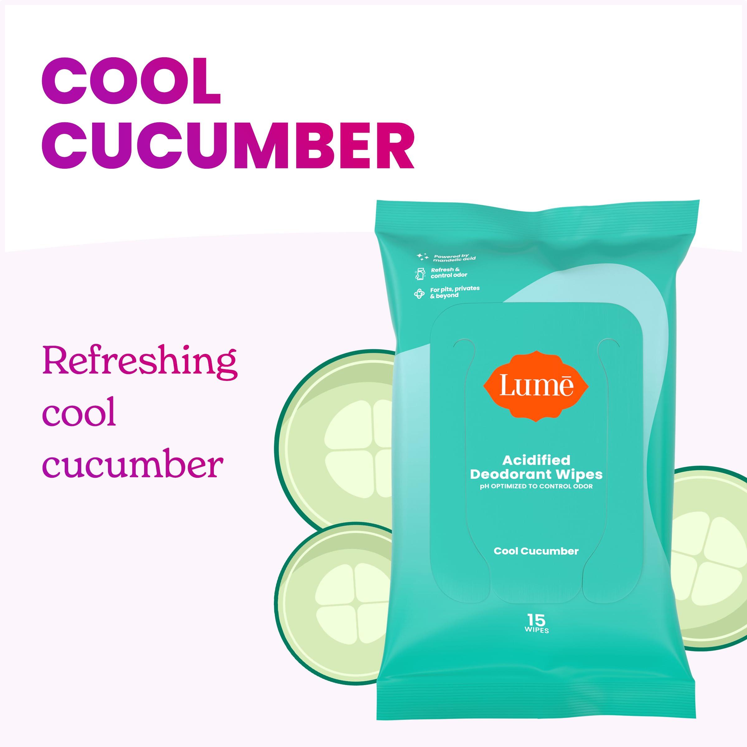 Lume Acidified Deodorant Wipes - 24 Hour Odor Control - Aluminum Free, Baking Soda Free, Skin Loving - 15 Count (Pack of 3) (Cool Cucumber) - Image 3