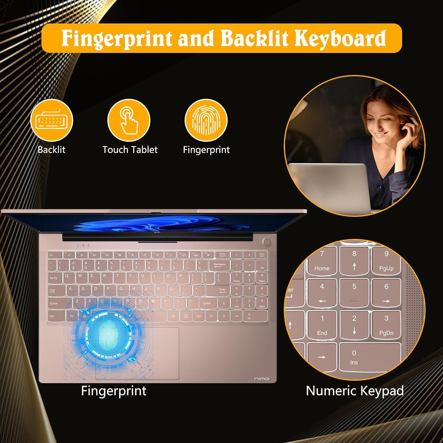 NIMO 15.6 FHD Student Laptop, 16GB RAM, 1TB SSD, Intel Pentium Quad-Core N100(Beat to i3-1115G4, Up to 3.4GHz), 2 Years Warranty, Backlit Keyboard, Fingerprint, Win 11, Rose Gold - Image 4