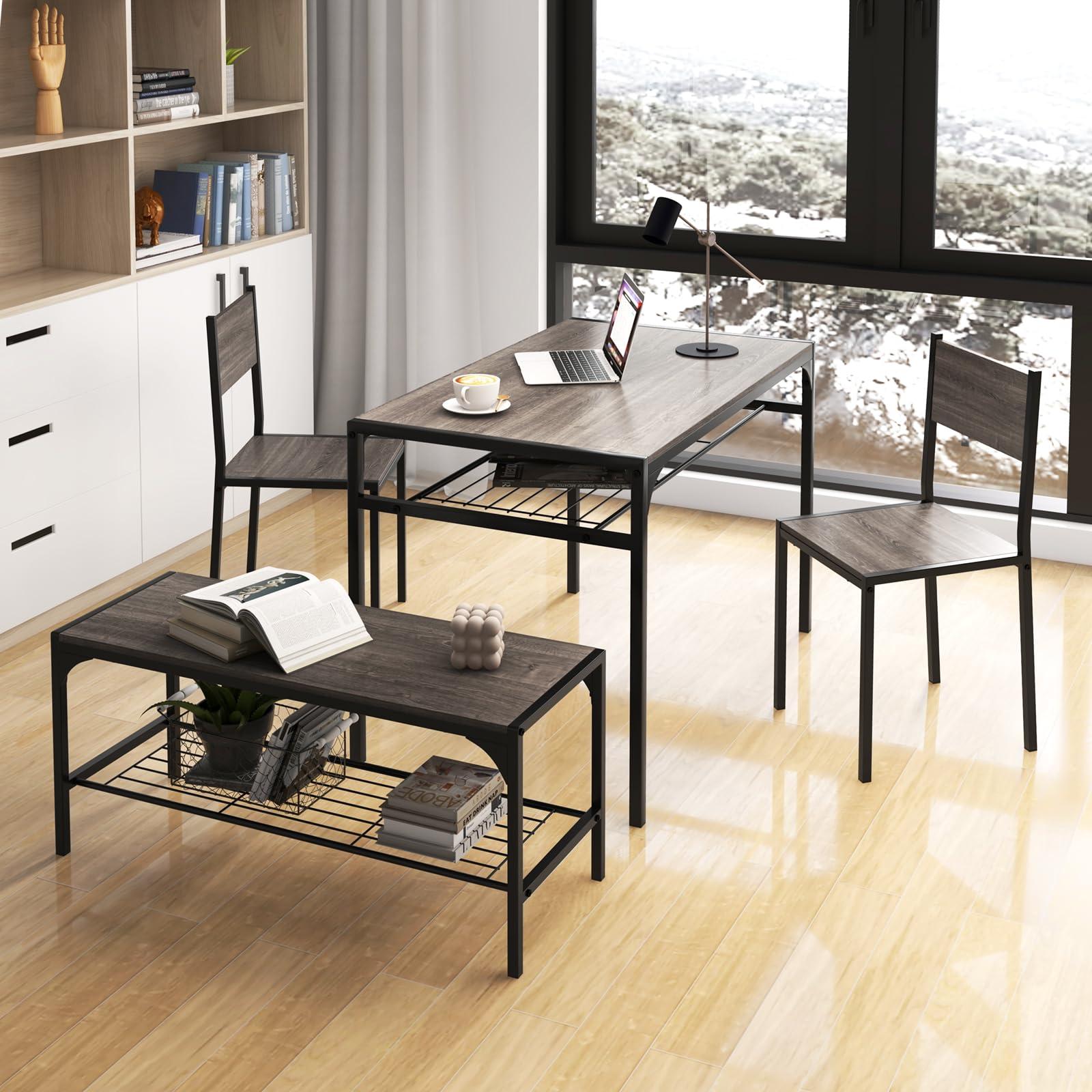COSTWAY 4 Pieces Dining Table Set, Kitchen Table and 2 Chairs for 4 with Bench, Storage Racks, Metal Frame & Space-saving Design, Industrial Kitchen Table Set for Small Space, Apartment (Black & Grey) - Image 8