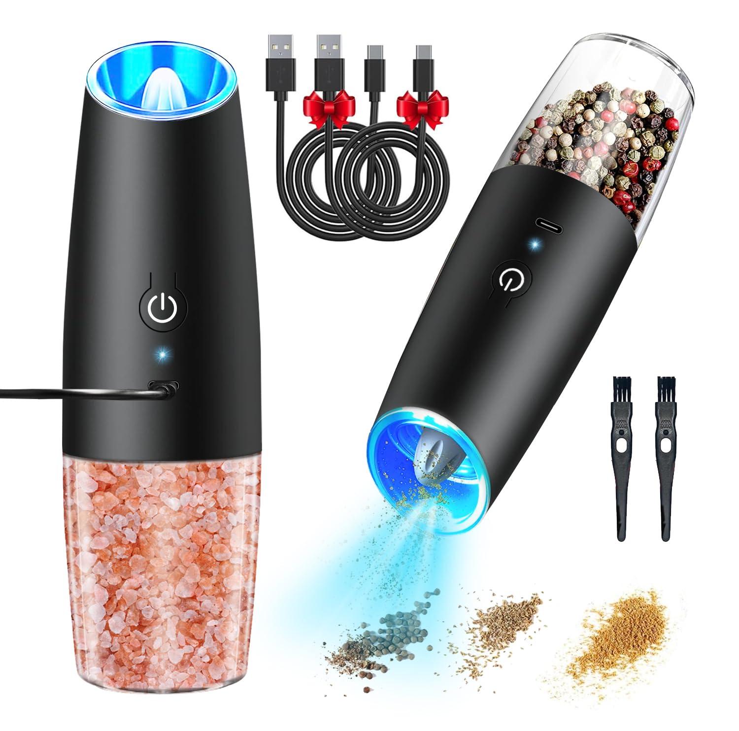 Haomacro Electric Salt and Pepper Grinder Set, Rechargeable Salt and Pepper Shaker with Adjustable Coarseness And LED Light, Automatic Pepper Mills for Kitchen (Black - 2 PCS)