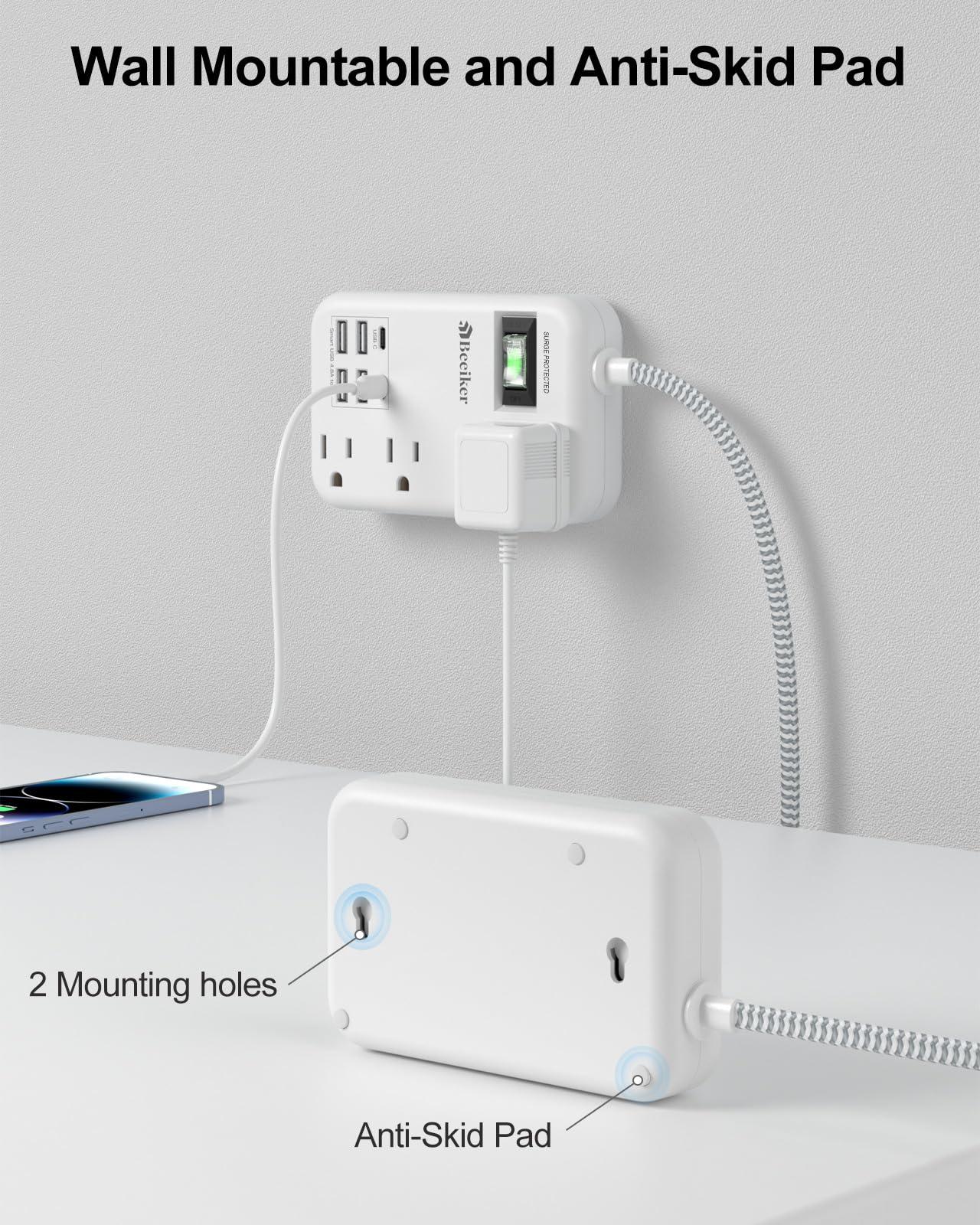6 USB(2 USB C) Surge Protector Power Strip- 5Ft Travel Power Strip with 4.8A USB Charging Station and 4 Extendable Outlet, 13A Flat Plug Braided Extension Cord with Wall Mount for Travel Office Dorm - Image 6