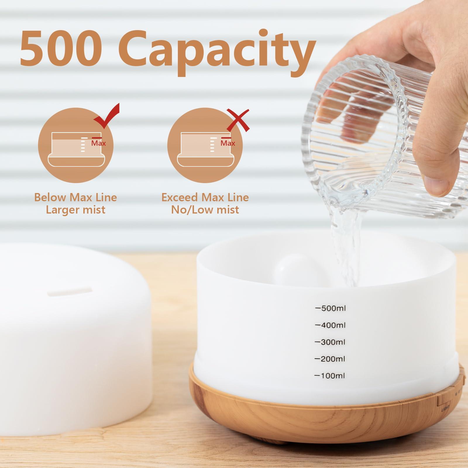 Oil Diffuser, 500ml Essential Oil Diffusers, Aromatherapy Diffuser with 2 Mist Mode 4 Timers＆7 Ambient Light Waterless Auto Off, Diffusers Large Room Home Office - Image 8