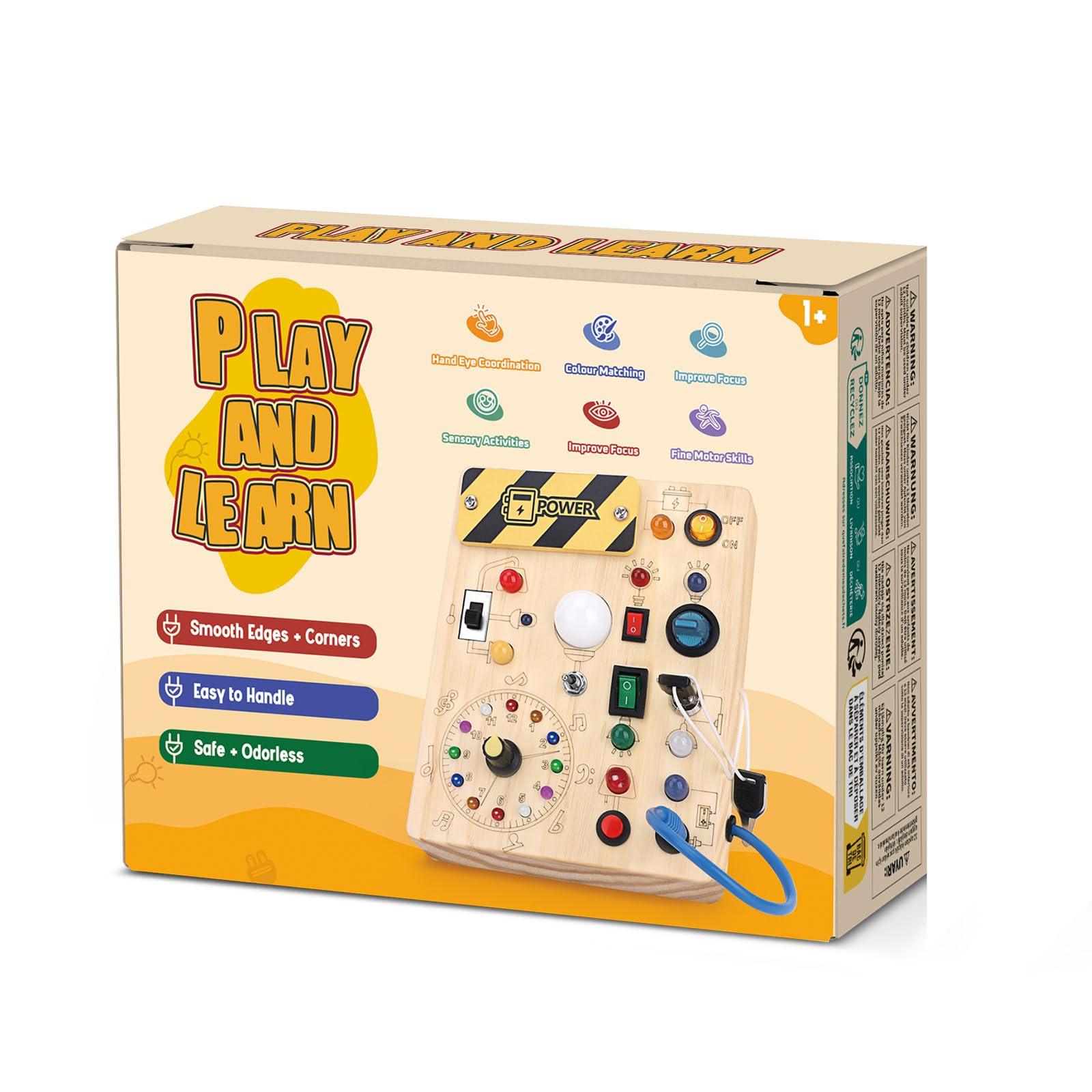 Iabedi Busy Board, Montessori Toy for 1-3 Years Old, Wooden Toddler Sensory Travel Toy, Ideal Gift for 1+ Year Old Boys (Busy Board Plus V2), Medium, Yellow - Image 8
