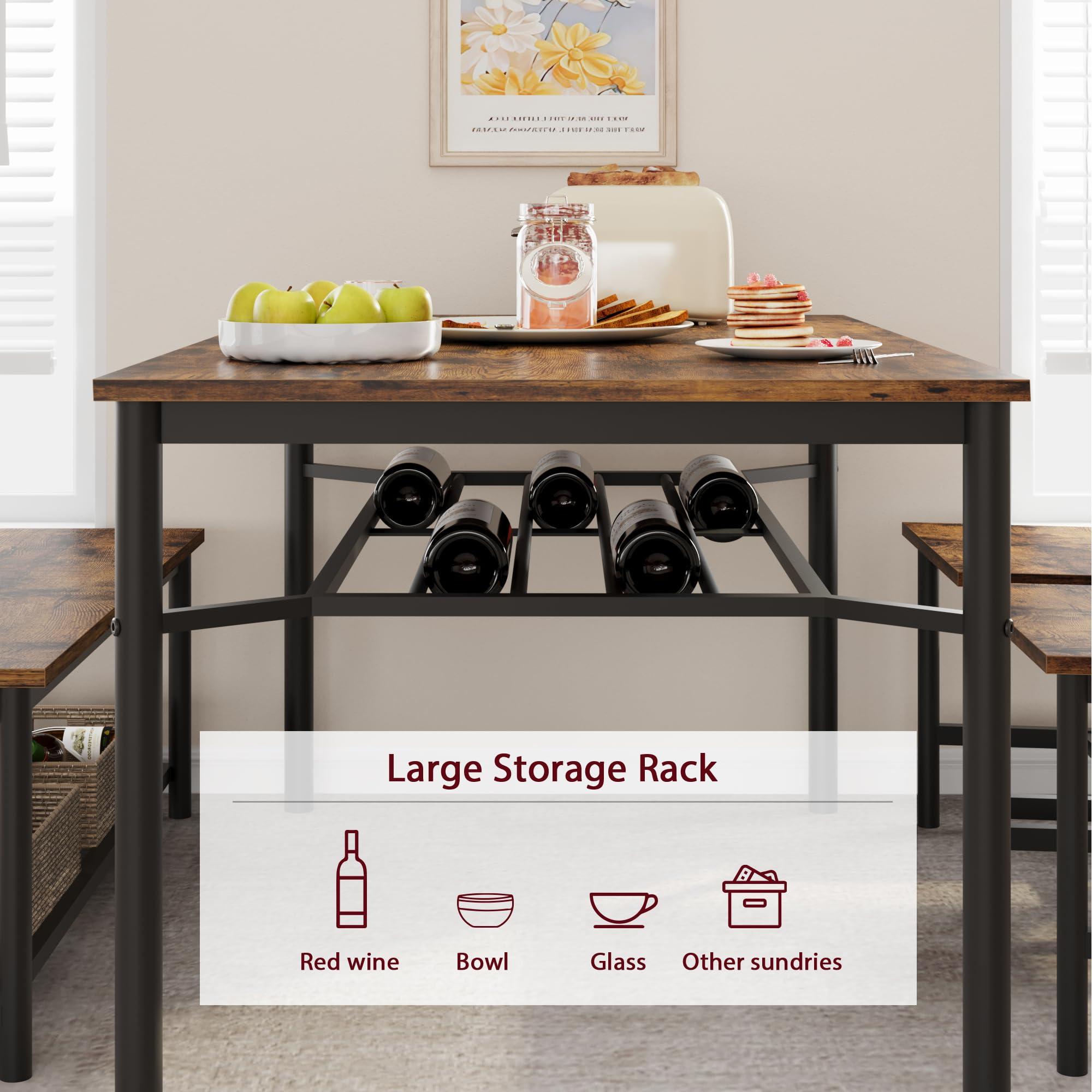 Fancihabor Dining Table Set for 4, Kitchen Table and Chairs for 4 with Wine Rack, Rectangular Dining Room Table Set with Bench, 4 Piece Dining Table Set for Small Space, Apartment, Retro Brown - Image 5