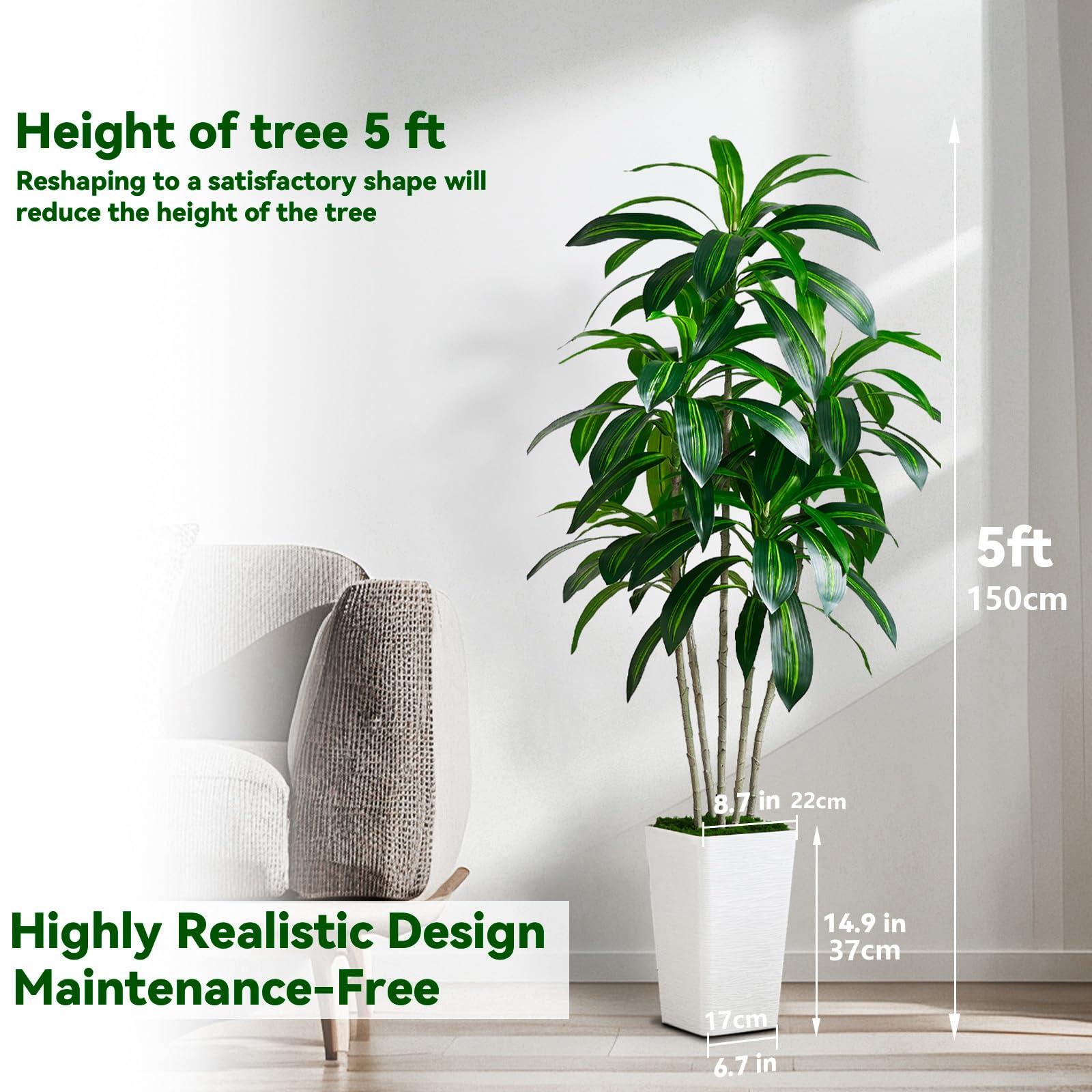 Artificial Dracaena Tree Artificial Silk Tree Faux Tree with White Tall Planter Fake Tropical Yucca Floor Plant (1, White Tall Planter, 5 FT) - Image 3