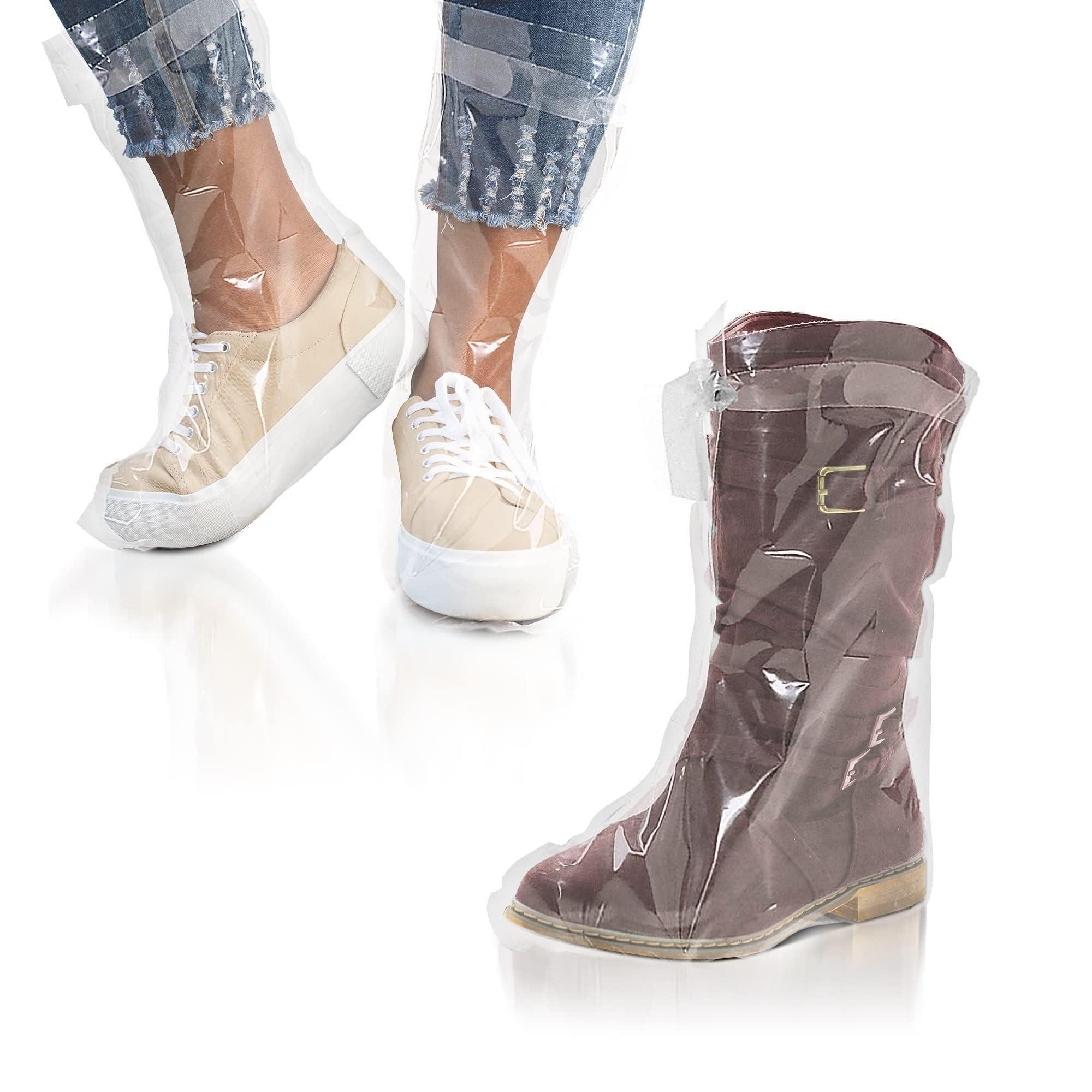 EZGOODZ Clear Disposable Shoe Covers for Indoors, 16 x 20 Inch. Pack of 100 Disposable Booties for Shoes Covers. 4 mil LDPE Disposable Boot Covers Waterproof. Plastic Shoe Covers Disposable with Ties