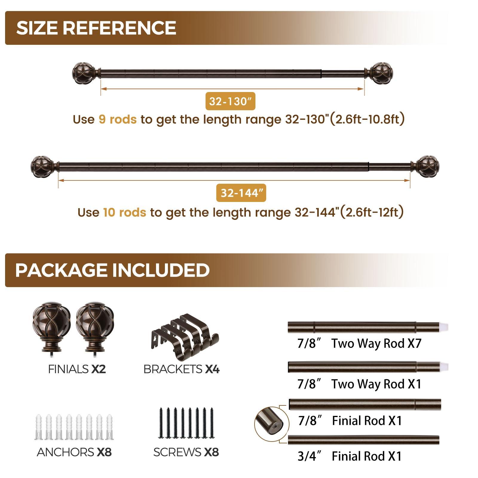 KAMANINA Curtain Rods for Windows 72 to 144 Inches (6-12ft) Long Heavy Duty Curtain Rod, 7/8 Inch Adjustable Decorative Drapery Rods with Netted Texture Finials, Bronze - Image 9
