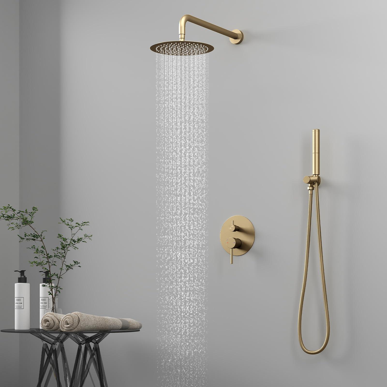 BESy Shower System with 10 Inch Round Rain Shower Head and Handheld Wall Mounted, High Pressure Rainfall Shower Faucet Fixture Combo Set with 2 in 1 Handheld Showerhead for Bathroom, Brushed Gold - Image 3