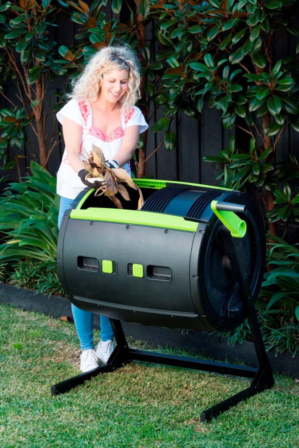 MAZE Two Stage 65 gal Compost Tumbler with Large Double Doors and Open Frame and Comes with Maze Compost Cart, 1.85 Gal Kitchen Caddie Compost Bin, 3 Rolls of Corn Bags and a Retractable Plant Caddie - Image 2