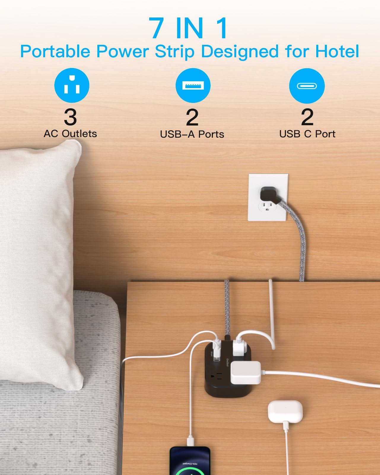 One Beat Cruise Ship Essentials,Travel Power Strip with USB C,Flat Plug Extension Cord with 3 Outlets 4 USB Ports(2 USB C),5 ft Desk Wall Outlet Extender,Non Surge Protector for Cruise,Dorm, Black - Image 2