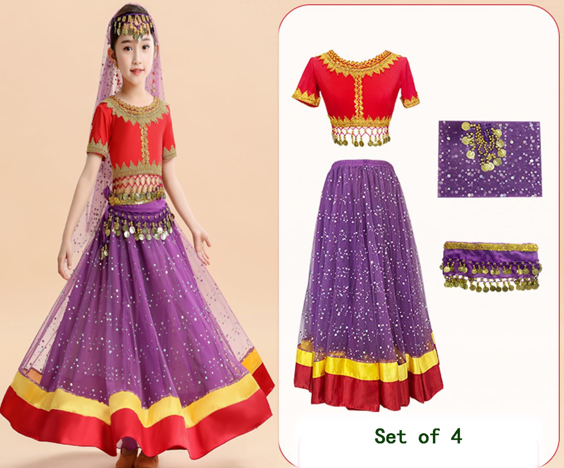 ORIDOOR Belly Dance Dress Girls Indian Bollywood Halloween Costume Chiffon Skirts Shiny Belly Dance Suits 4-Piece Outfit - Image 2