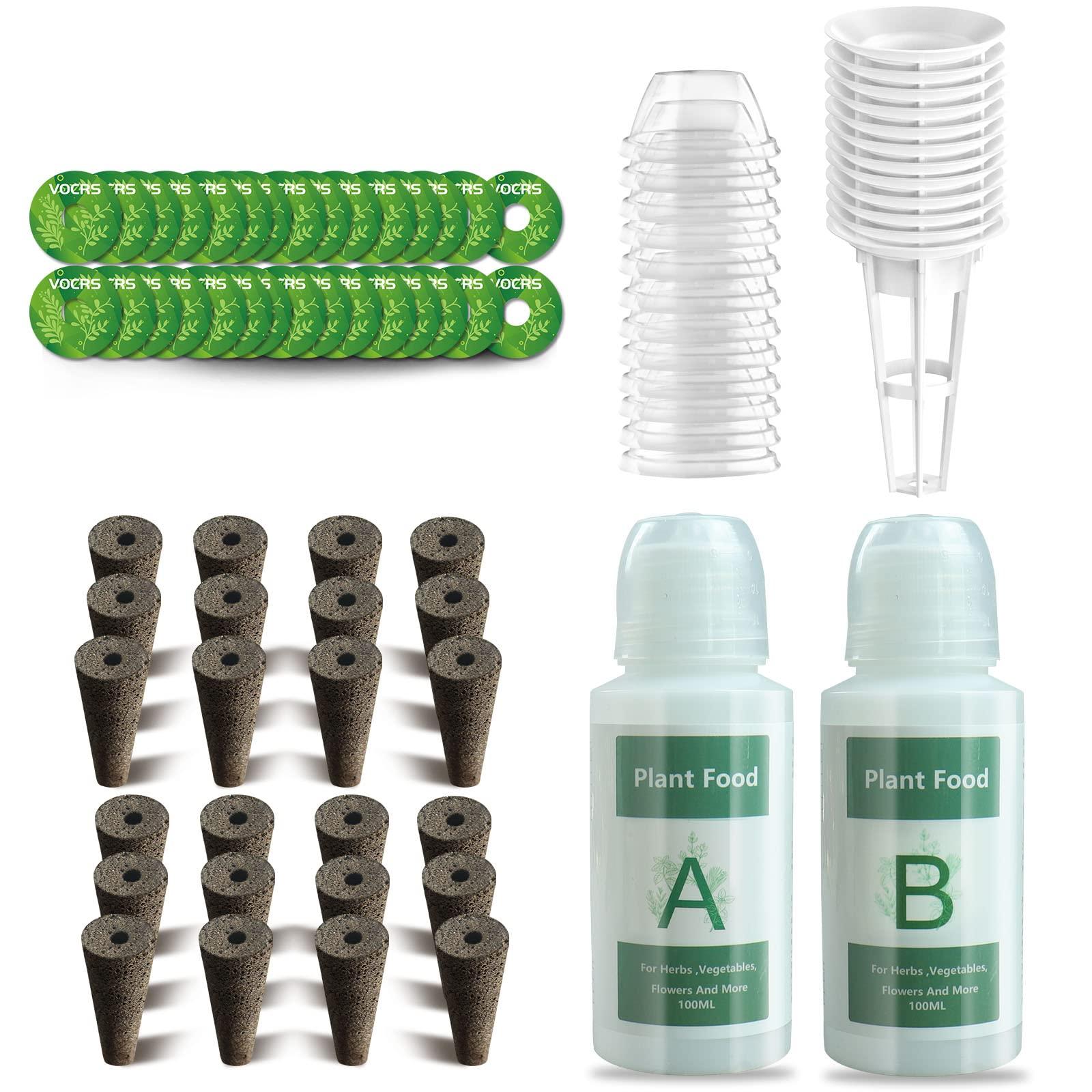 Seed Pods for Hydroponics Growing System - (No Seeds), Hydroponics Supplies with 24 Grow Sponges, 12 Planting pods,2 Set a&b Hydroponic Nutrient Plant Food,28 Stickers,12 Seeding Cover