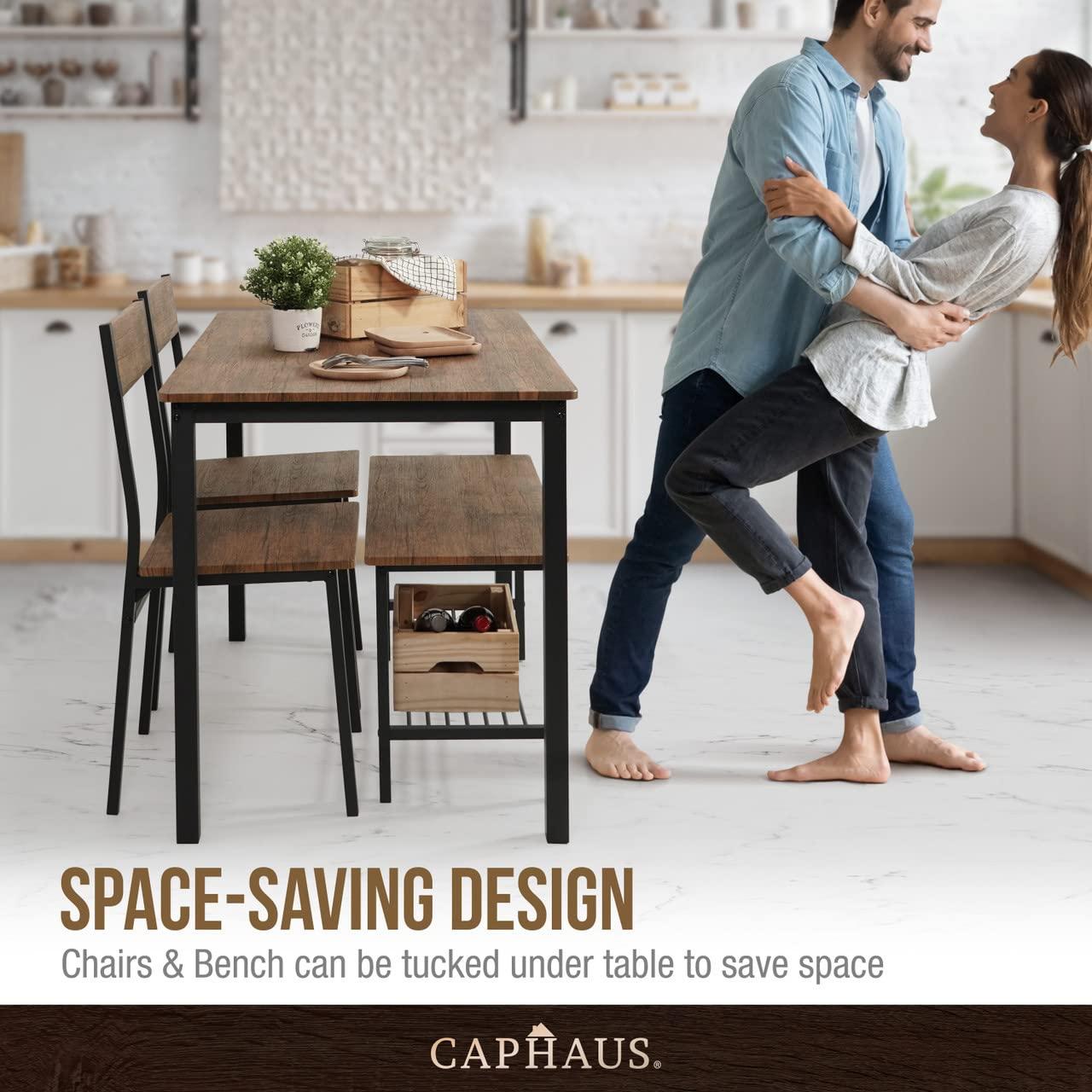 CAPHAUS 4 Pieces Dining Table Set for 4 w/Bench and Chairs, Modern Table Set for Dining Room, Home, Kitchen w/Storage Rack, Rectangle Table, Bench & Two Chairs, Space-Saving Dining Set, Grey Oak - Image 6