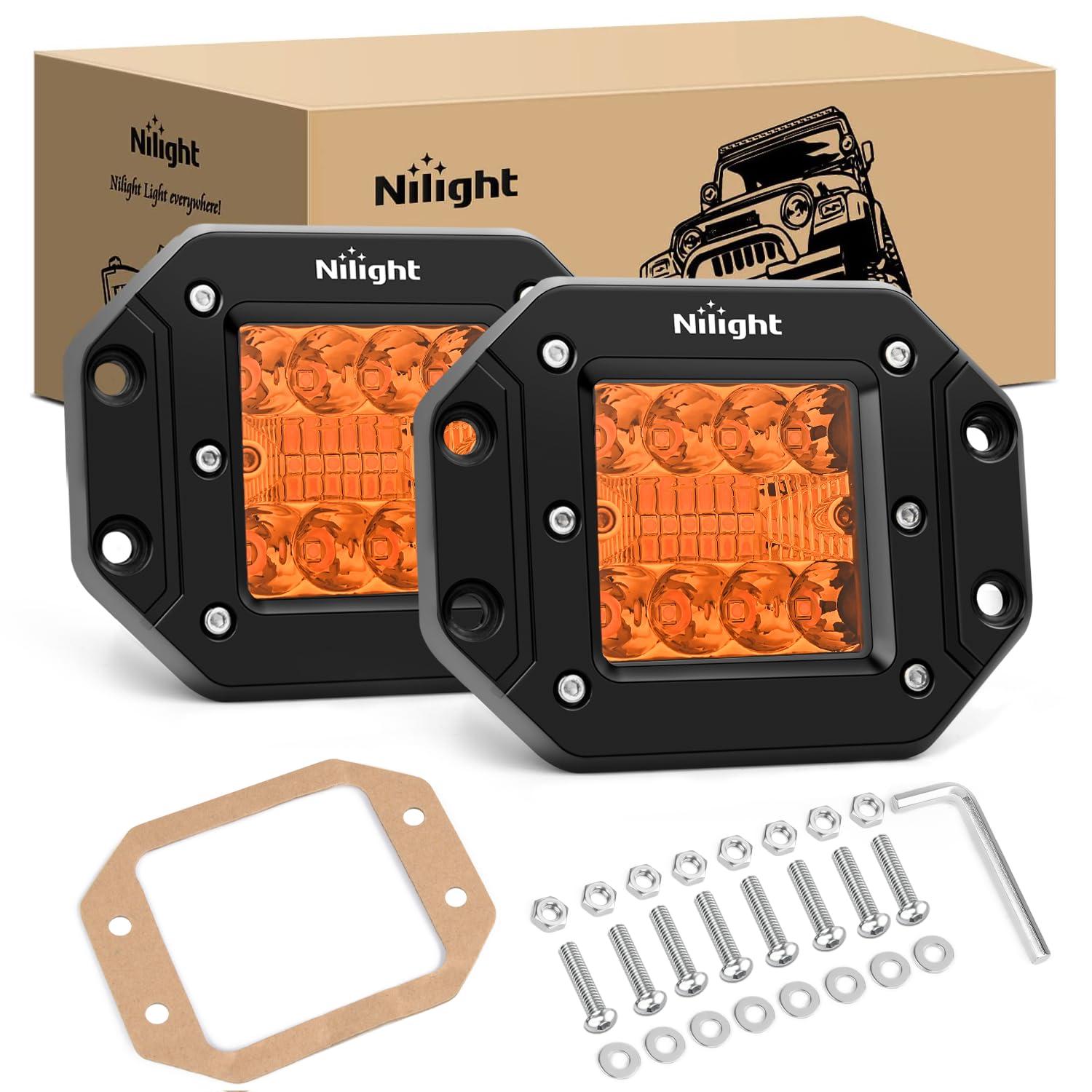 Nilight Flush Mount LED Light Pods 2 PCS 42 W Amber Upgraded Spot Flood Combo Driving Fog Off Road Bumper Work Lighting for Truck SUV ATV UTV Pickup Van Boat Tractor