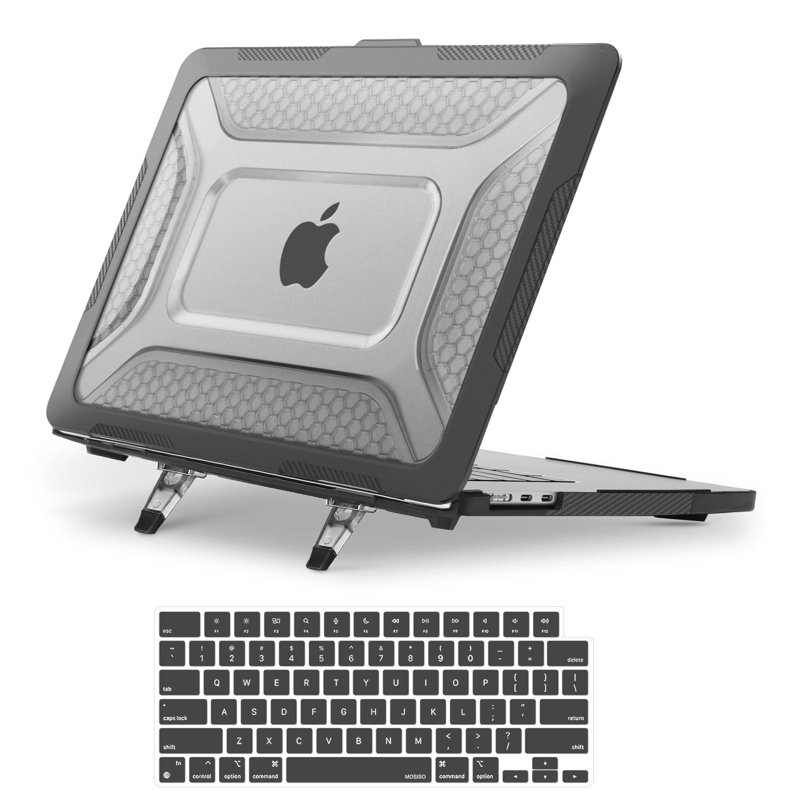 MOSISO Compatible with MacBook Air 15 inch Case 2025 2024 2023 M4 A3241 M3 A3114 M2 A2941, Honeycomb Shockproof Heavy Duty TPU Bumper Plastic Hard Case with Fold Kickstand&Keyboard Cover, Black