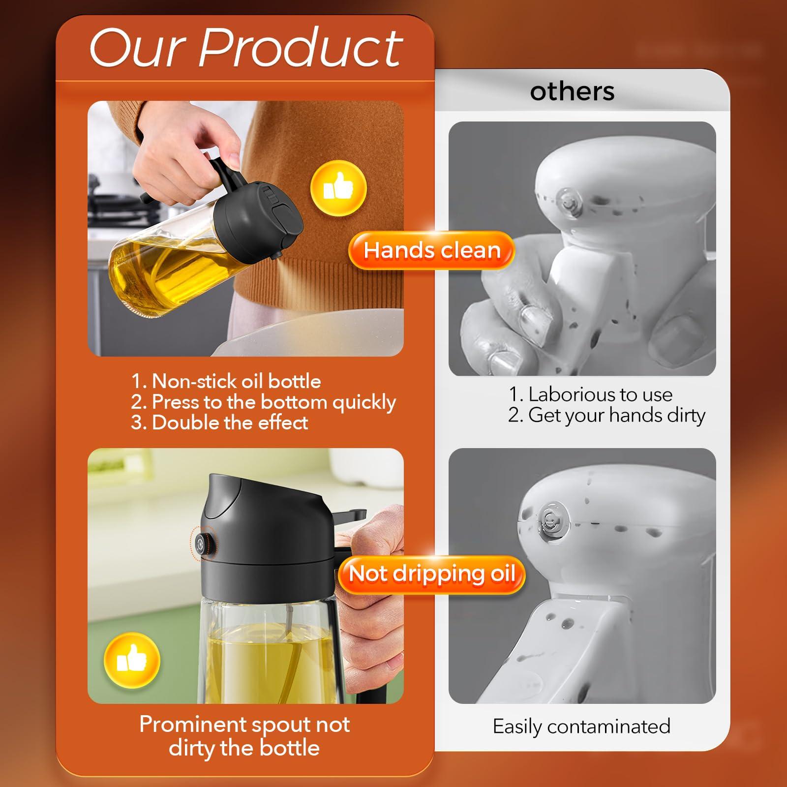 YRRAMATE 16oz/470ml Glass Olive Oil Sprayer for Cooking with Stickers, 2 in 1 Oil Dispenser for Kitchen Gadgets, Food Grade Premium Spray Bottle with Portion Control for Salad, Frying, BBQ (Black) - Image 7