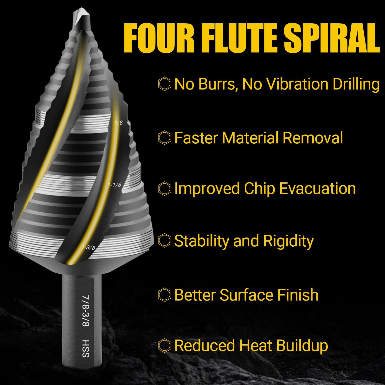 KAKILFOB Four Spiral Flute Step Drill Bit Set, 5 Pieces 1/8"-1-3/8" HSS Unibit Step Drill Bit, 1/4" and 3/8" Shank Step Bits for Metal, Aluminum, Wood, Plastic - Image 3
