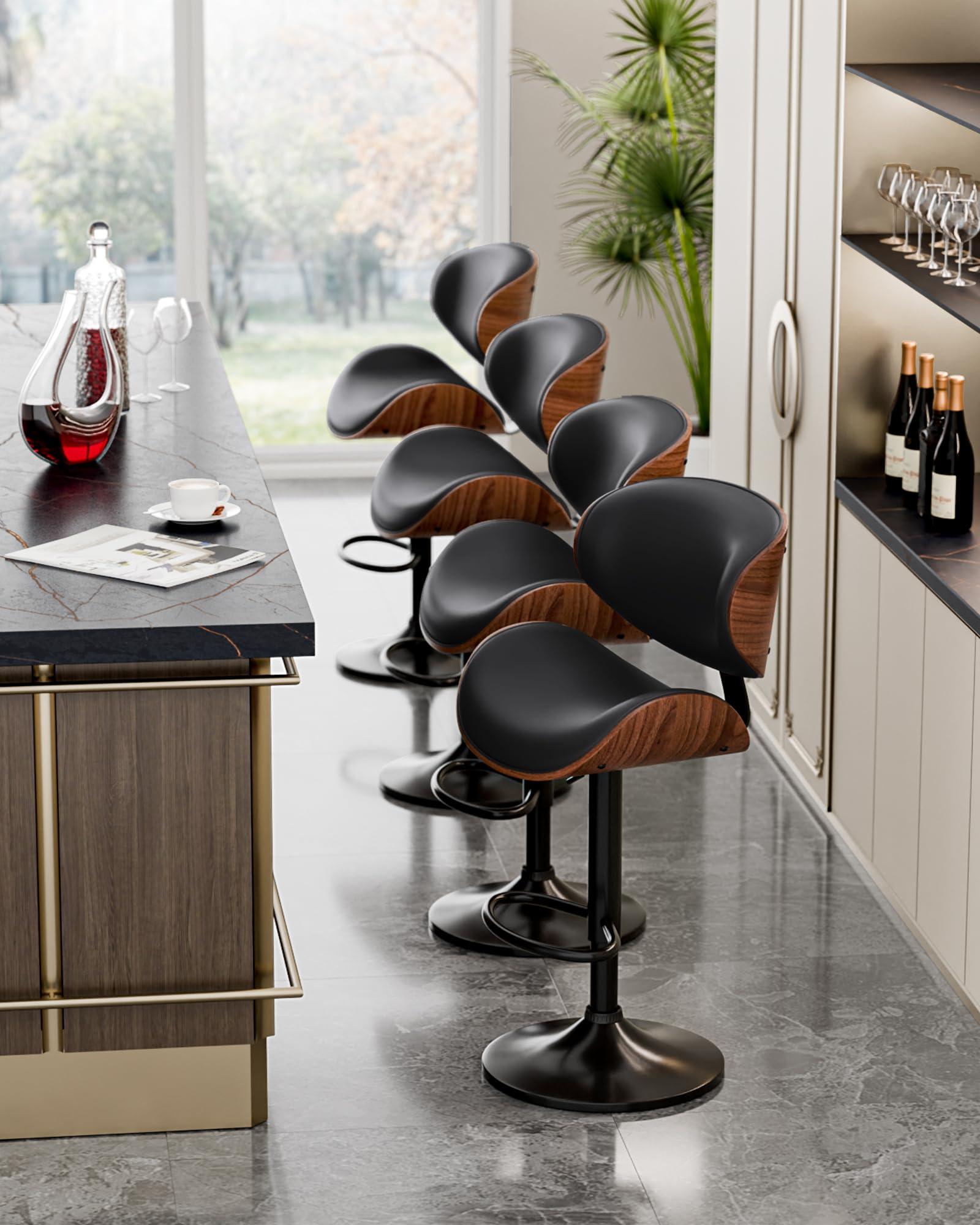 Aowos Bar Stools Set of 2, Adjustable Swivel Leather Bar Stools for Kitchen Island, Mid Century Modern Counter Height Bar Chairs Barstools with Back & Footrest (Black) - Image 9