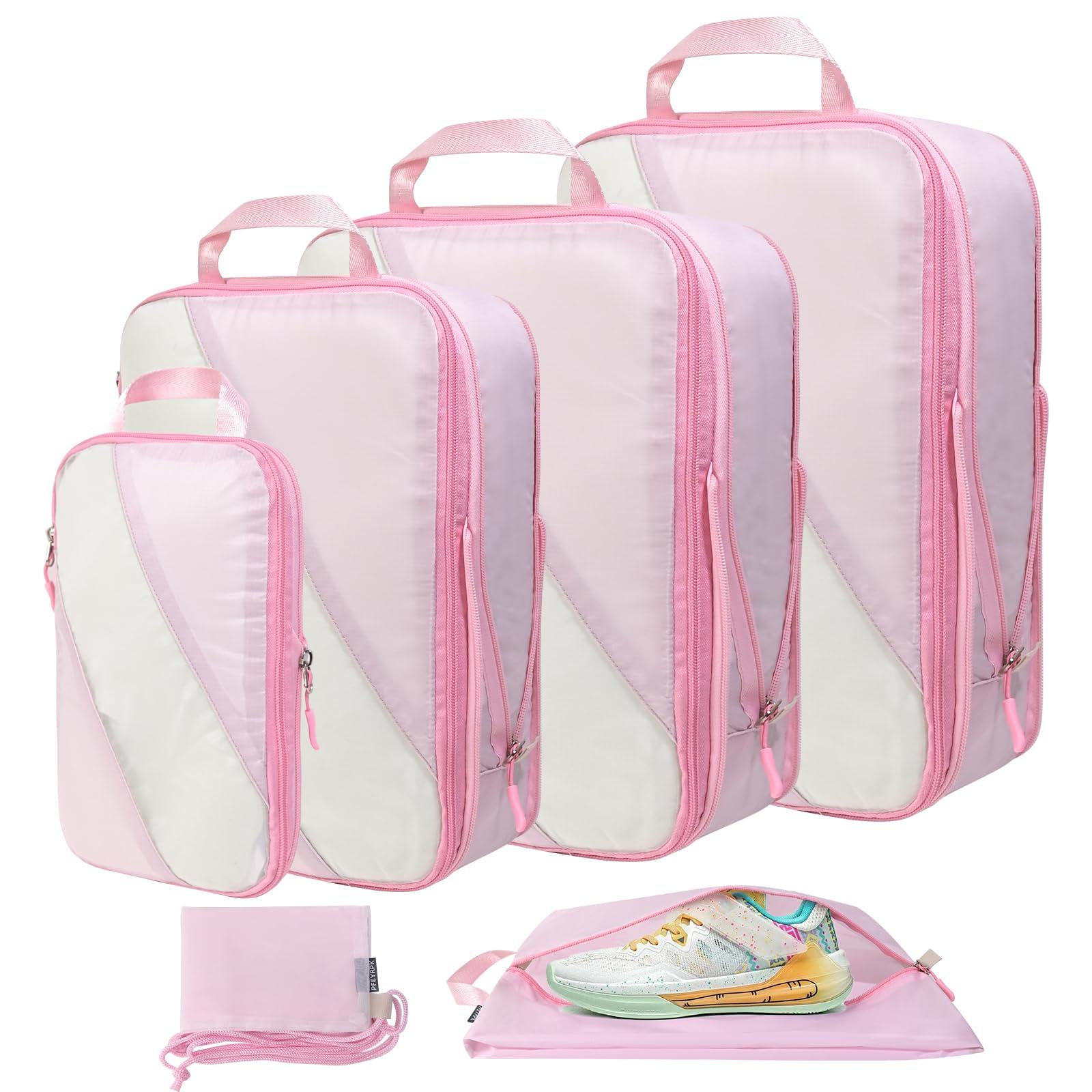 PFEYRPK Compression Packing Cubes Set of 6, Travel Luggage Organizer for Suitcase, Packing Organizers for Travel Accessories, Breathable See Through Mesh, Durable Lightweight with Shoe Bags