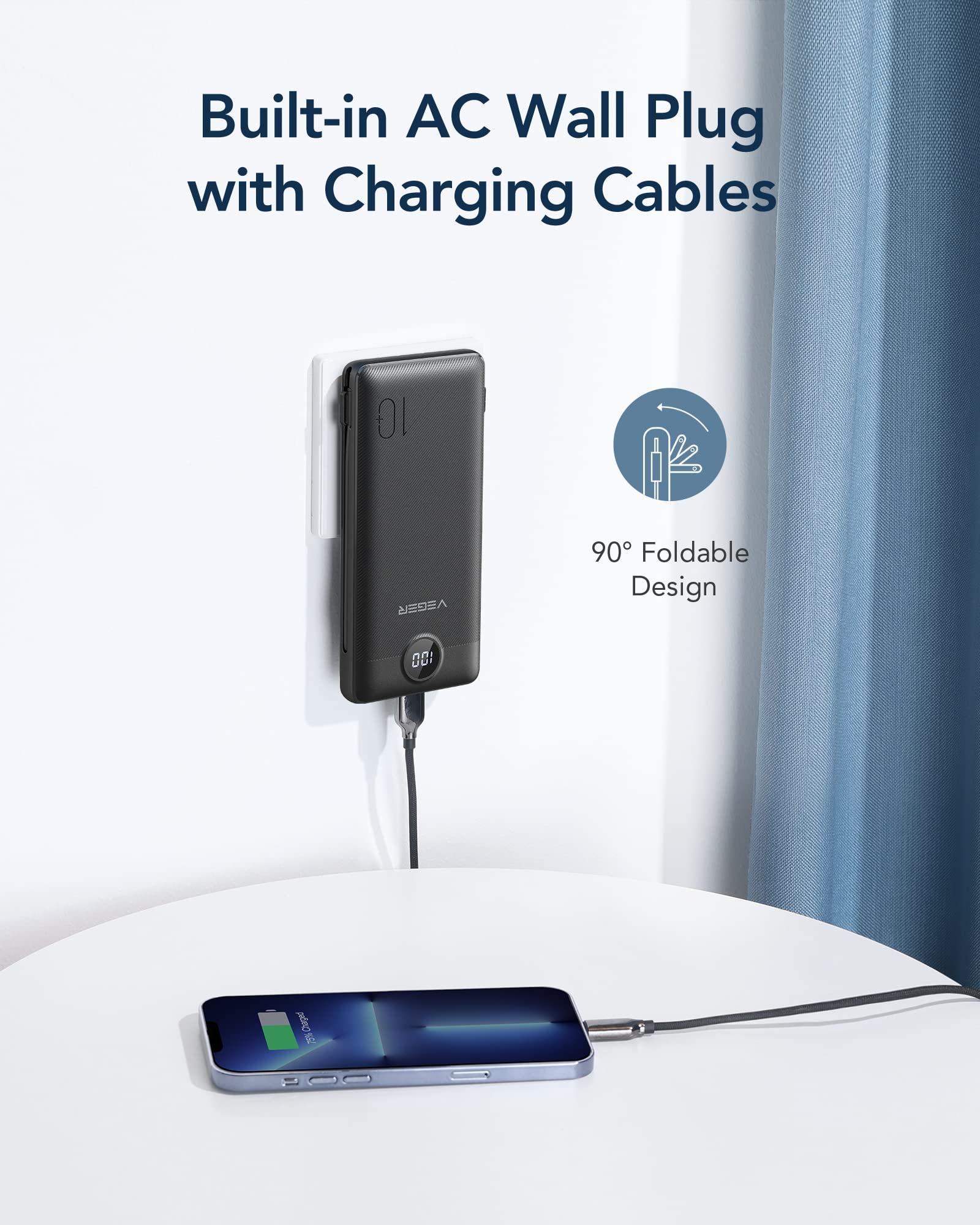 VEGER Portable Charger for iPhone Built in Cables and Wall Plug, 10000mah Slim Fast Charging USB C Power Bank, Travel Essential Battery Pack Compatible with iPhones, iPad, Samsung More Devices(Black) - Image 3