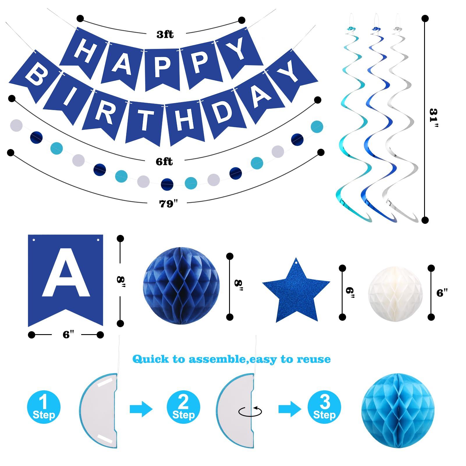 meowtastic Birthday Decorations, Happy Birthday Banner with Honeycomb Balls, Stars Hanging Swirl Streamers, Circle Dots Garland, Happy Birthday Party Decorations for Women Men Boys Girls (Blue) - Image 3