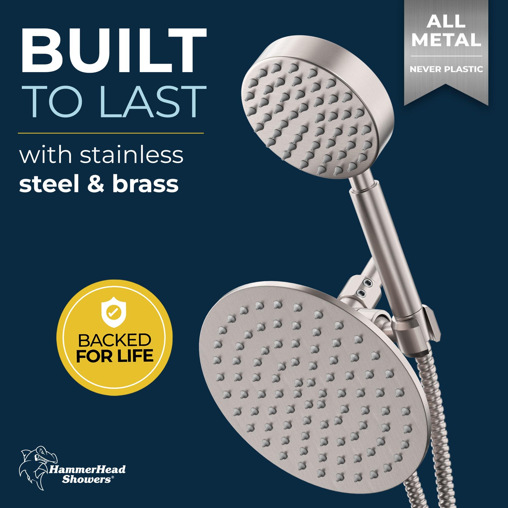 HammerHead Showers® ALL METAL Dual Shower Head Combo – BRUSHED NICKEL – 8 Inch Rainfall High Flow Shower Head & Handheld Shower Head High Pressure with Hose 6ft - Hotel-Like Double Shower Heads - Image 2