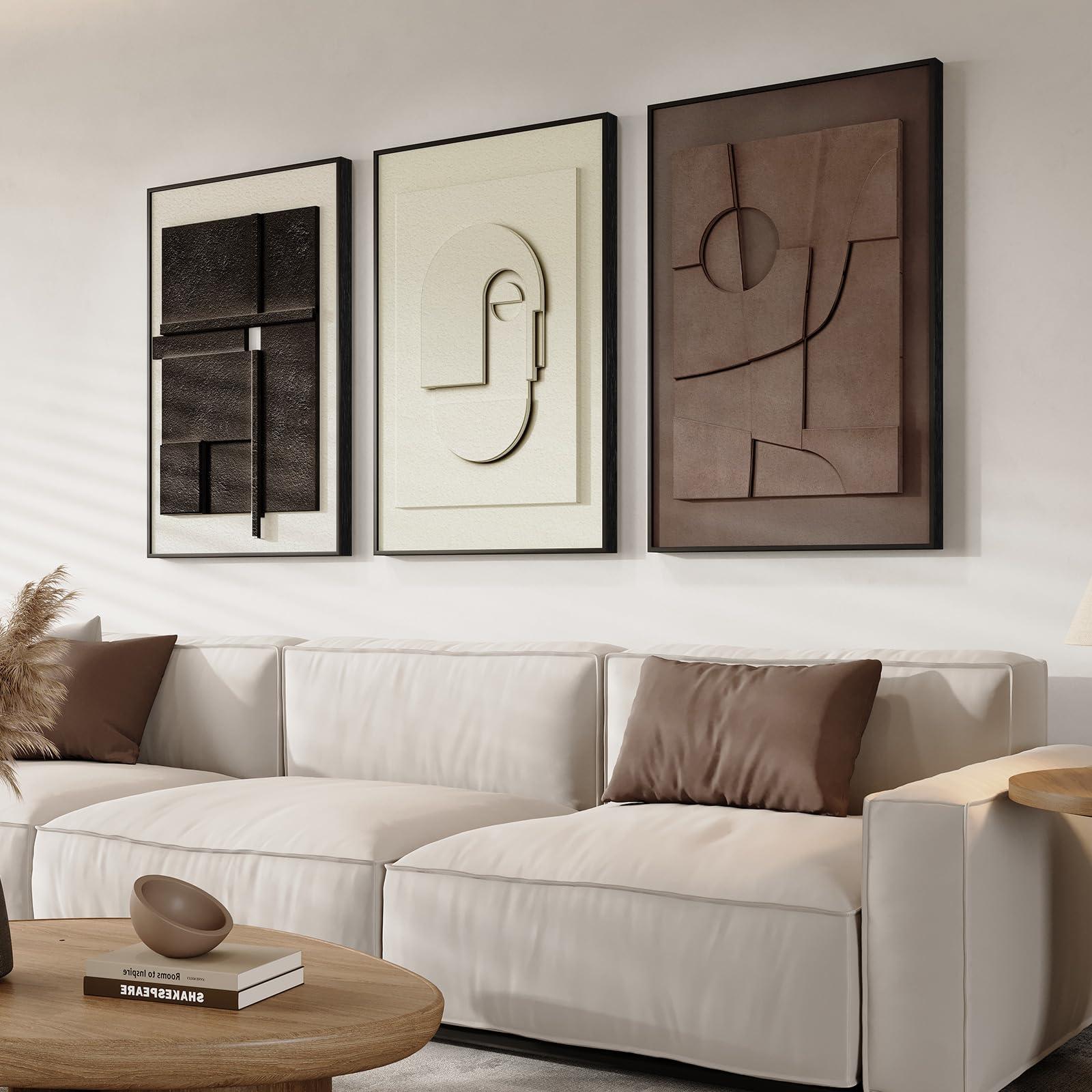 3D Textured Framed Abstract Wall Art, 3 Piece Modern Paintings Artwork for Walls, Black White Brown Geometric Sandstone Texture Pictures for Living Room Dining Room Bedroom Office Wall Decor 16x24 In