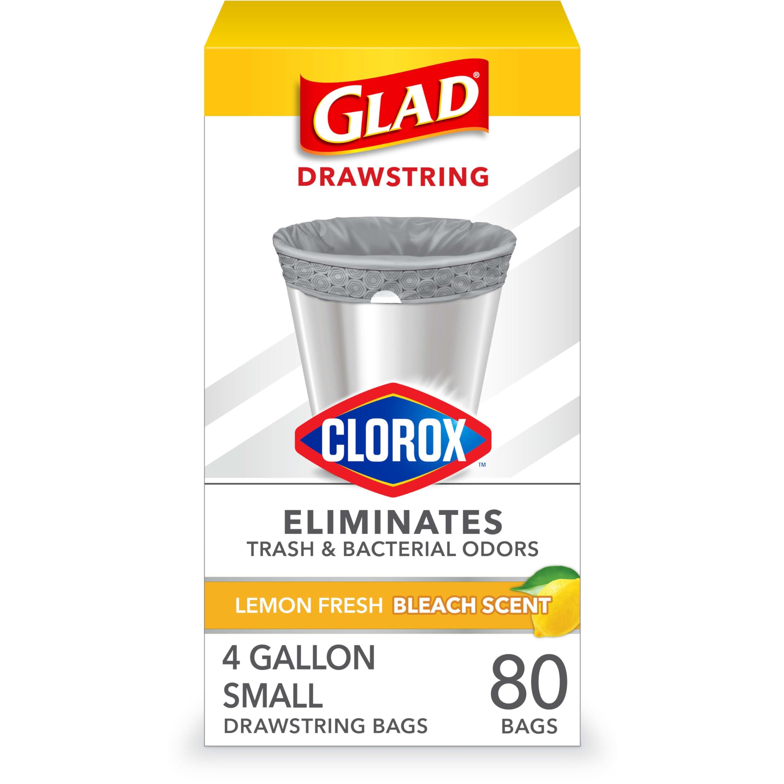 Glad Small Drawstring Trash Bags with Clorox, 4 Gal, Lemon Fresh Bleach, 80 Ct (Package May Vary)